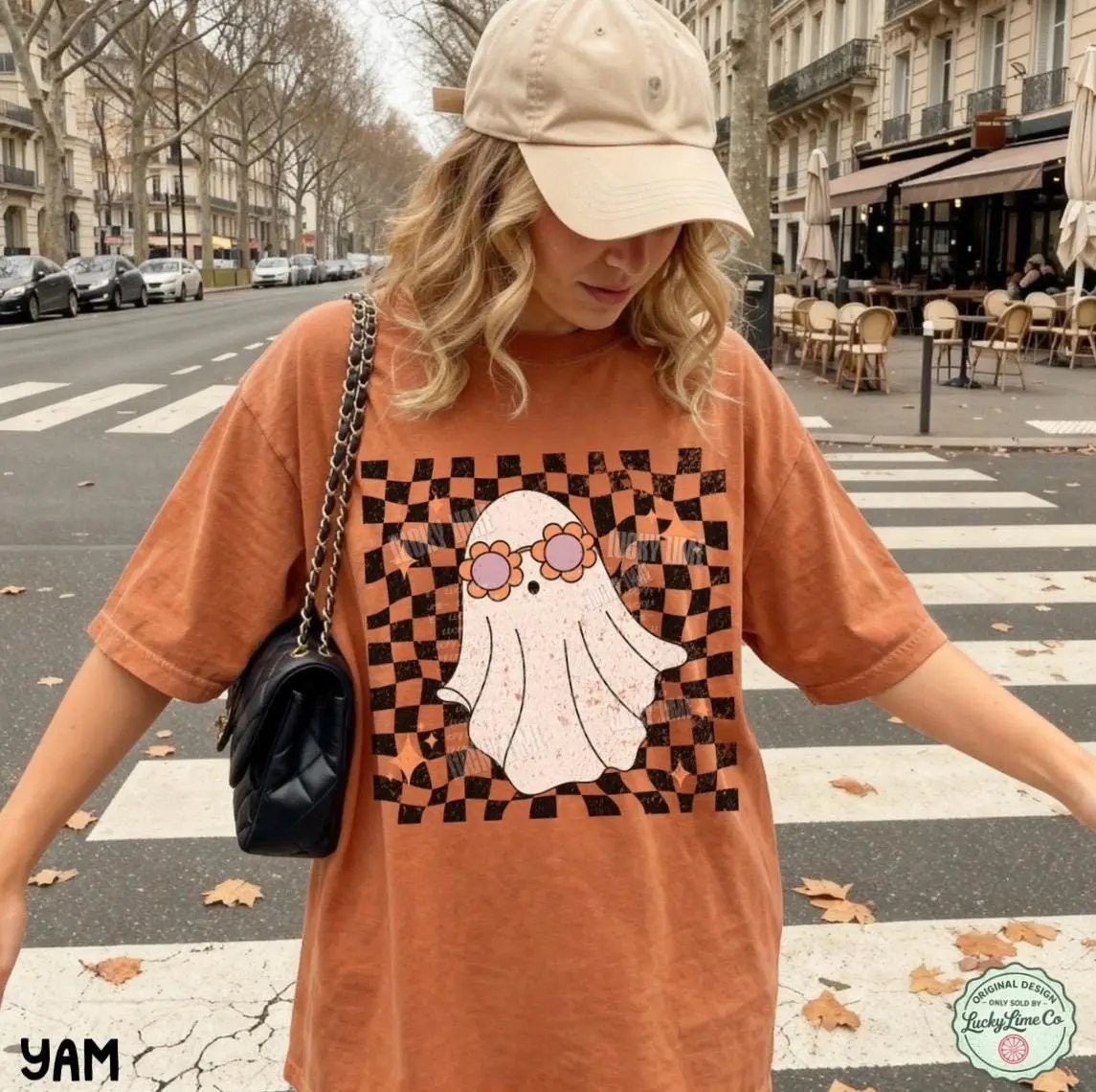 Retro Ghost Shirt, Groovy Trendy Halloween Tee, Cute Checkered Spooky Season Comfort Colors T-Shirt - photo 4