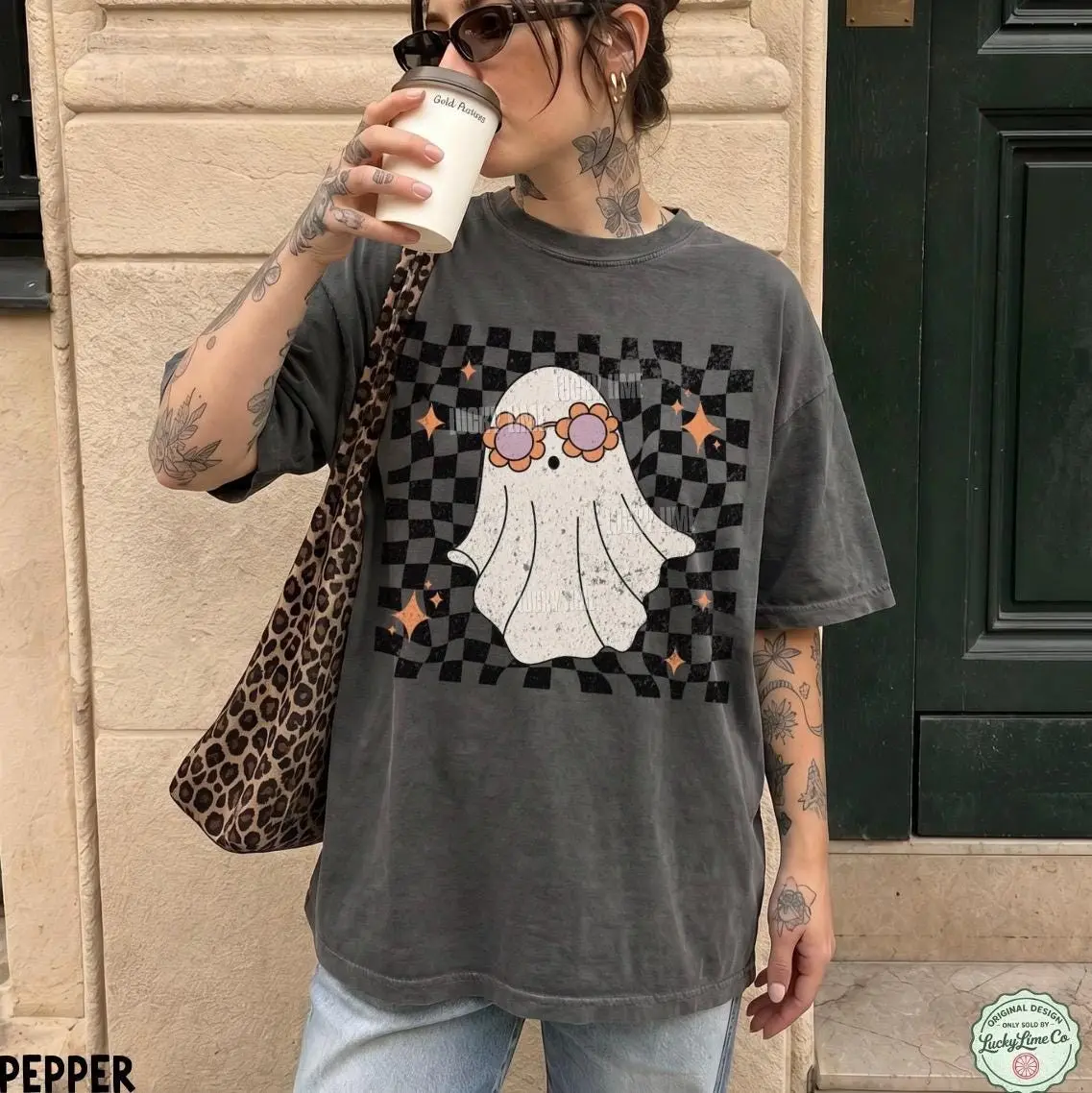 Retro Ghost Shirt, Groovy Trendy Halloween Tee, Cute Checkered Spooky Season Comfort Colors T-Shirt - photo 5