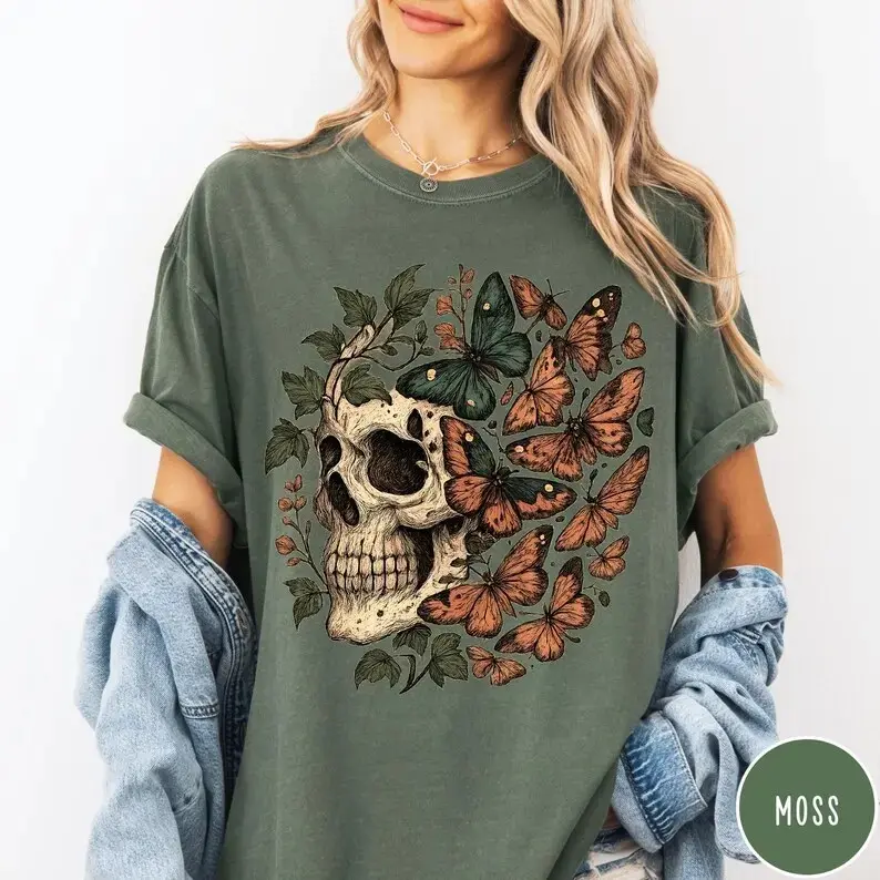 Retro Grunge Skull Butterfly Oversized Graphic Tee, Vintage Indie Boho Aesthetic Comfort Colors Shirt