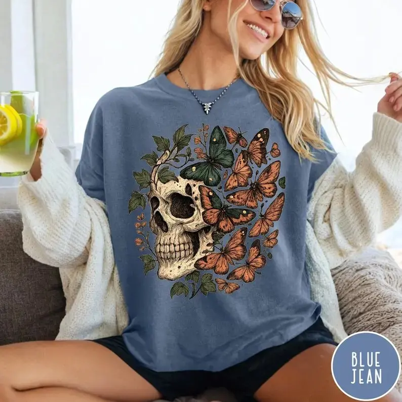 Retro Grunge Skull Butterfly Oversized Graphic Tee, Vintage Indie Boho Aesthetic Comfort Colors Shirt - photo 2
