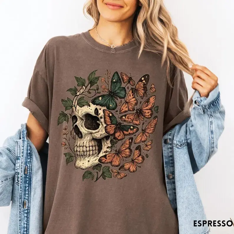 Retro Grunge Skull Butterfly Oversized Graphic Tee, Vintage Indie Boho Aesthetic Comfort Colors Shirt - photo 3