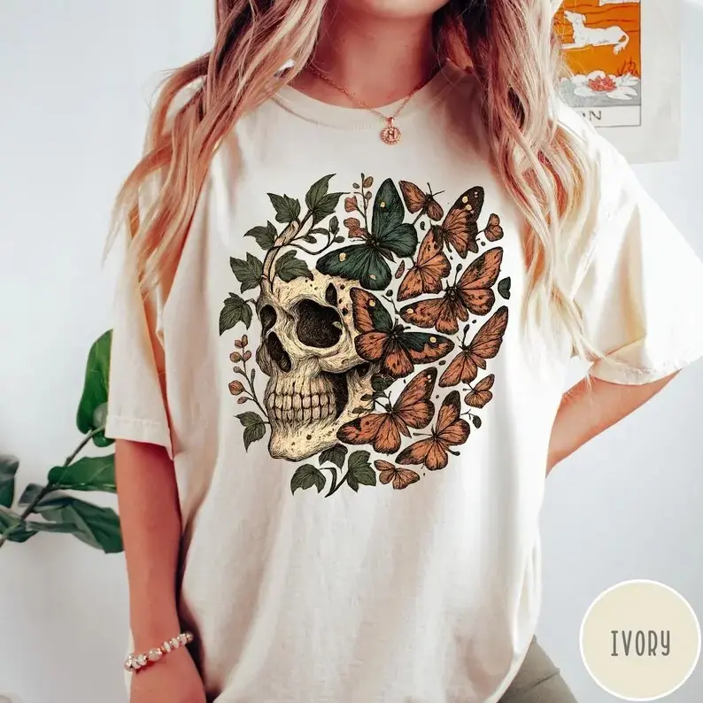 Retro Grunge Skull Butterfly Oversized Graphic Tee, Vintage Indie Boho Aesthetic Comfort Colors Shirt - photo 4