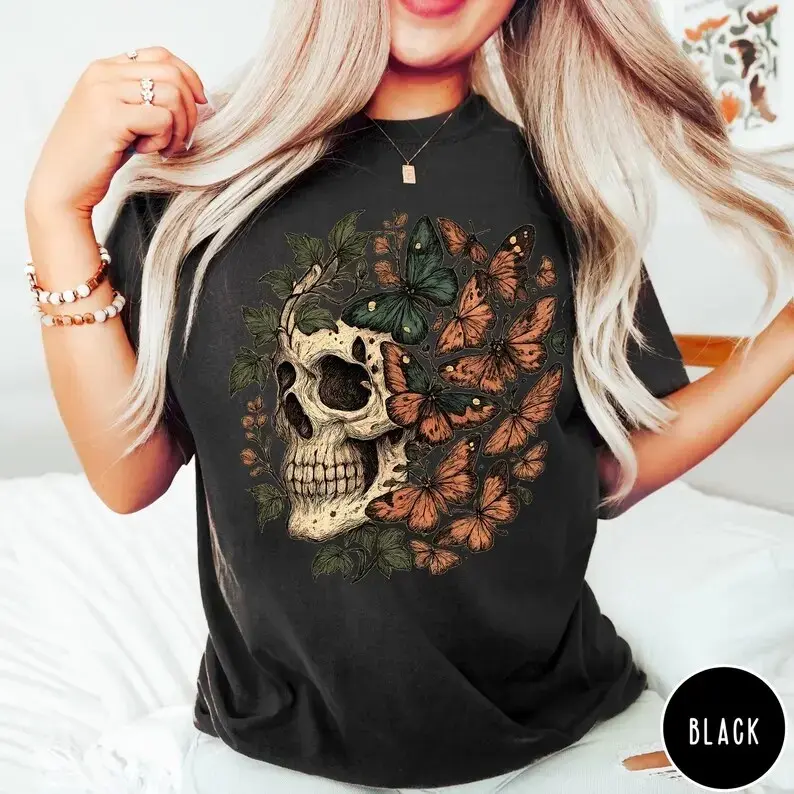 Retro Grunge Skull Butterfly Oversized Graphic Tee, Vintage Indie Boho Aesthetic Comfort Colors Shirt - photo 5