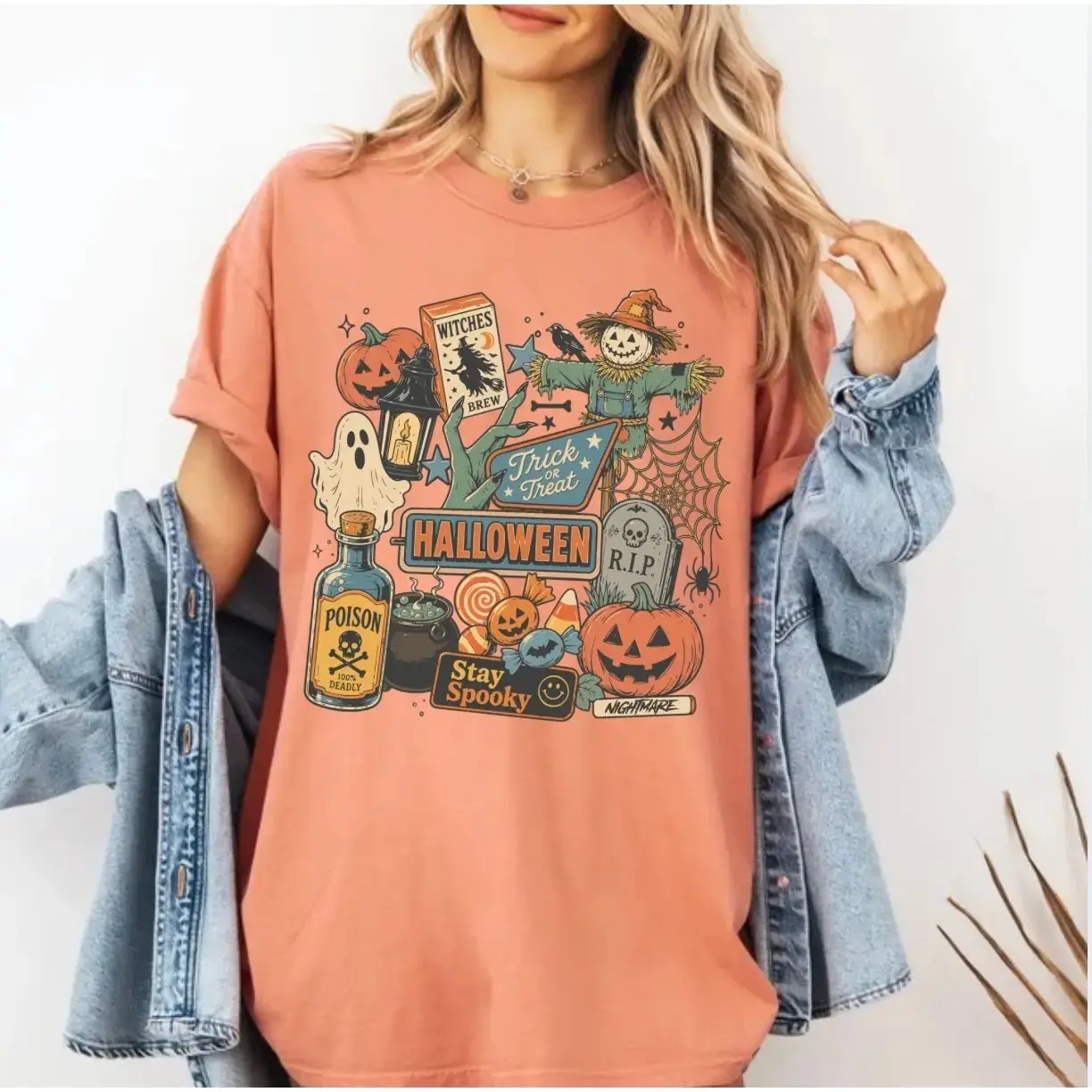 Comfort Colors Retro Halloween Collage T-Shirt, Coquette Scarecrow Spooky Vintage Fall Tee for Women