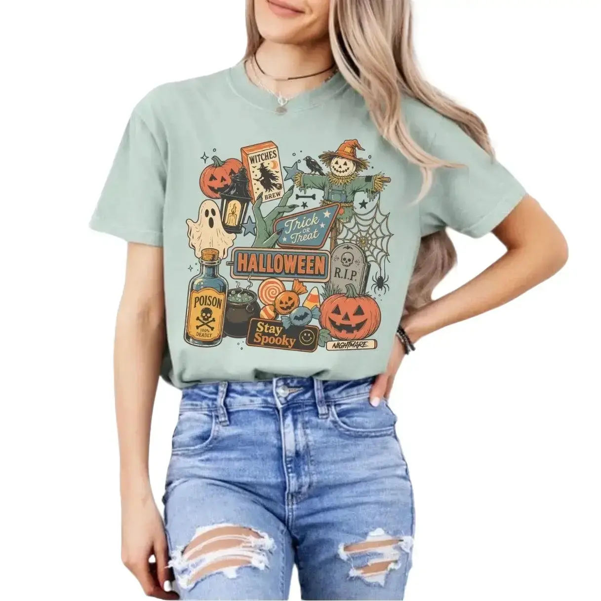 Comfort Colors Retro Halloween Collage T-Shirt, Coquette Scarecrow Spooky Vintage Fall Tee for Women - photo 2