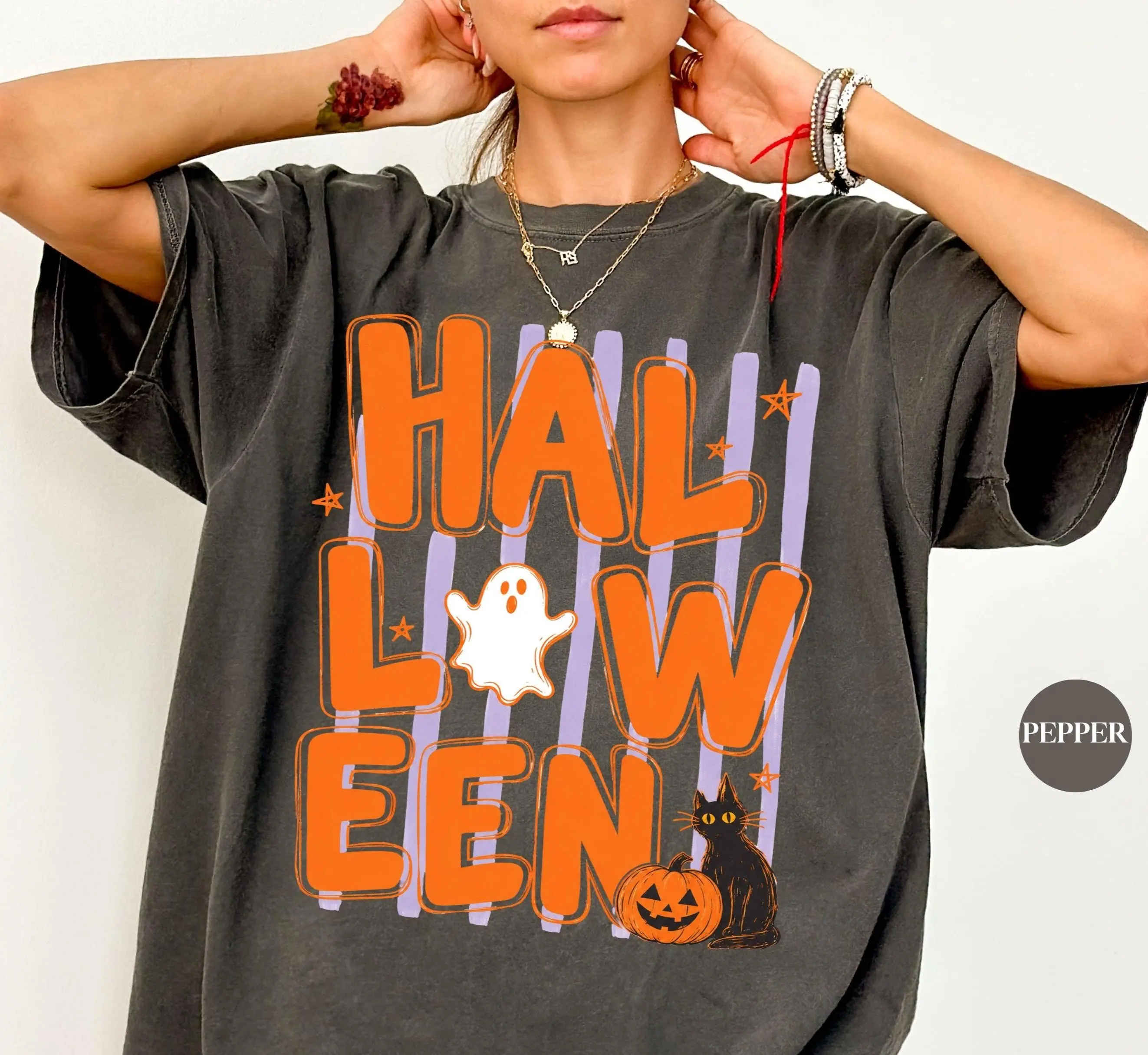 Comfort Colors Retro Halloween Ghost Cat Shirt, Striped Black Cat Trick Or Treat Tee, Spooky Season Top