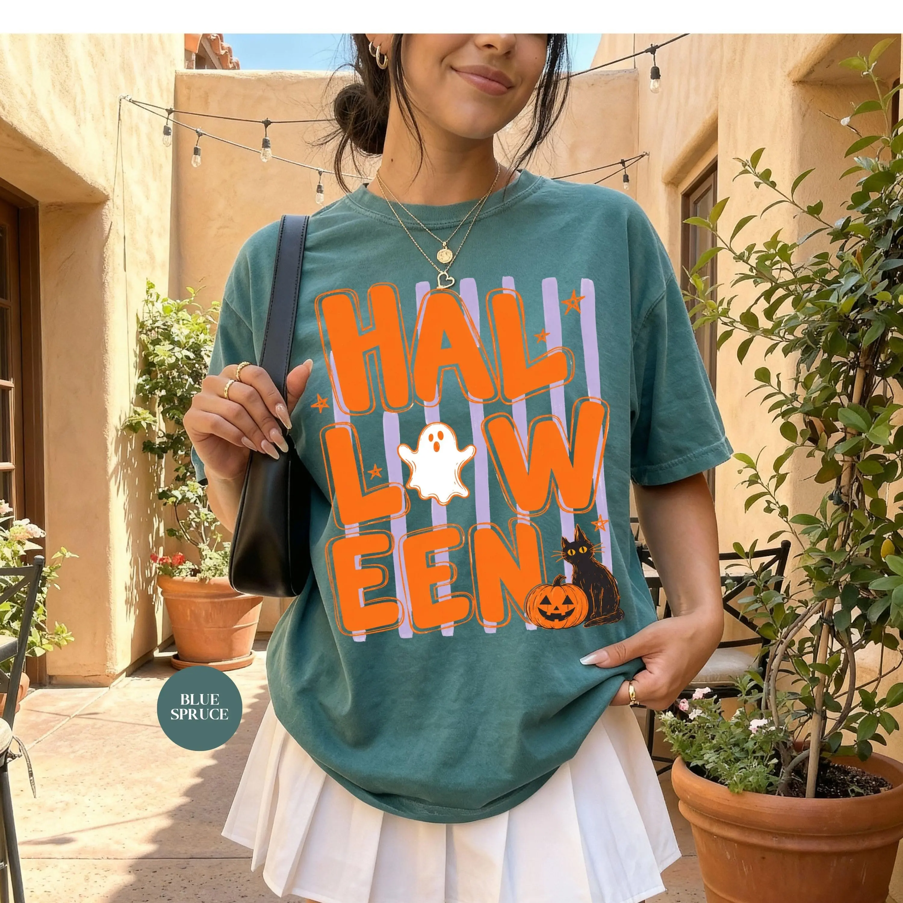 Comfort Colors Retro Halloween Ghost Cat Shirt, Striped Black Cat Trick Or Treat Tee, Spooky Season Top - photo 2