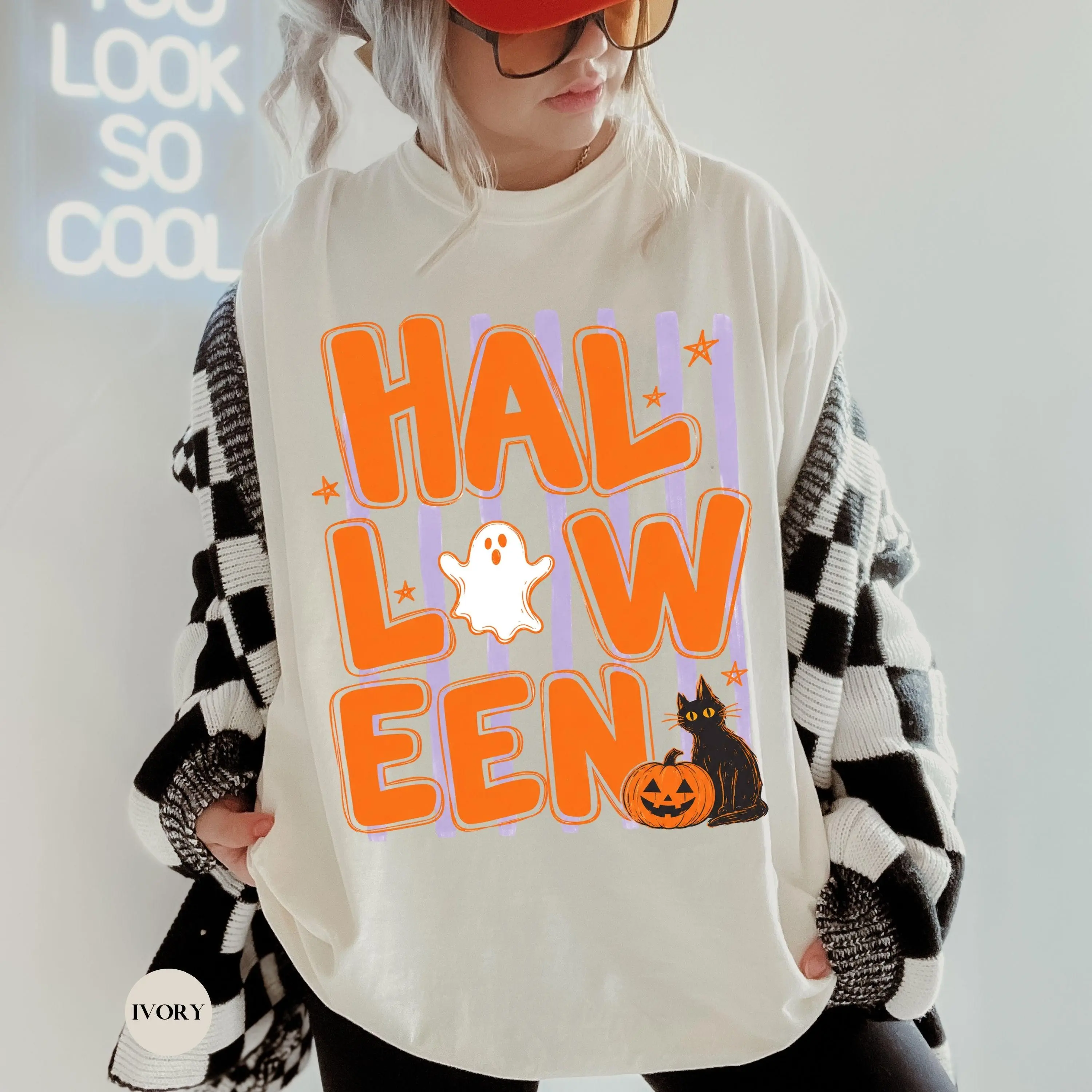 Comfort Colors Retro Halloween Ghost Cat Shirt, Striped Black Cat Trick Or Treat Tee, Spooky Season Top - photo 3