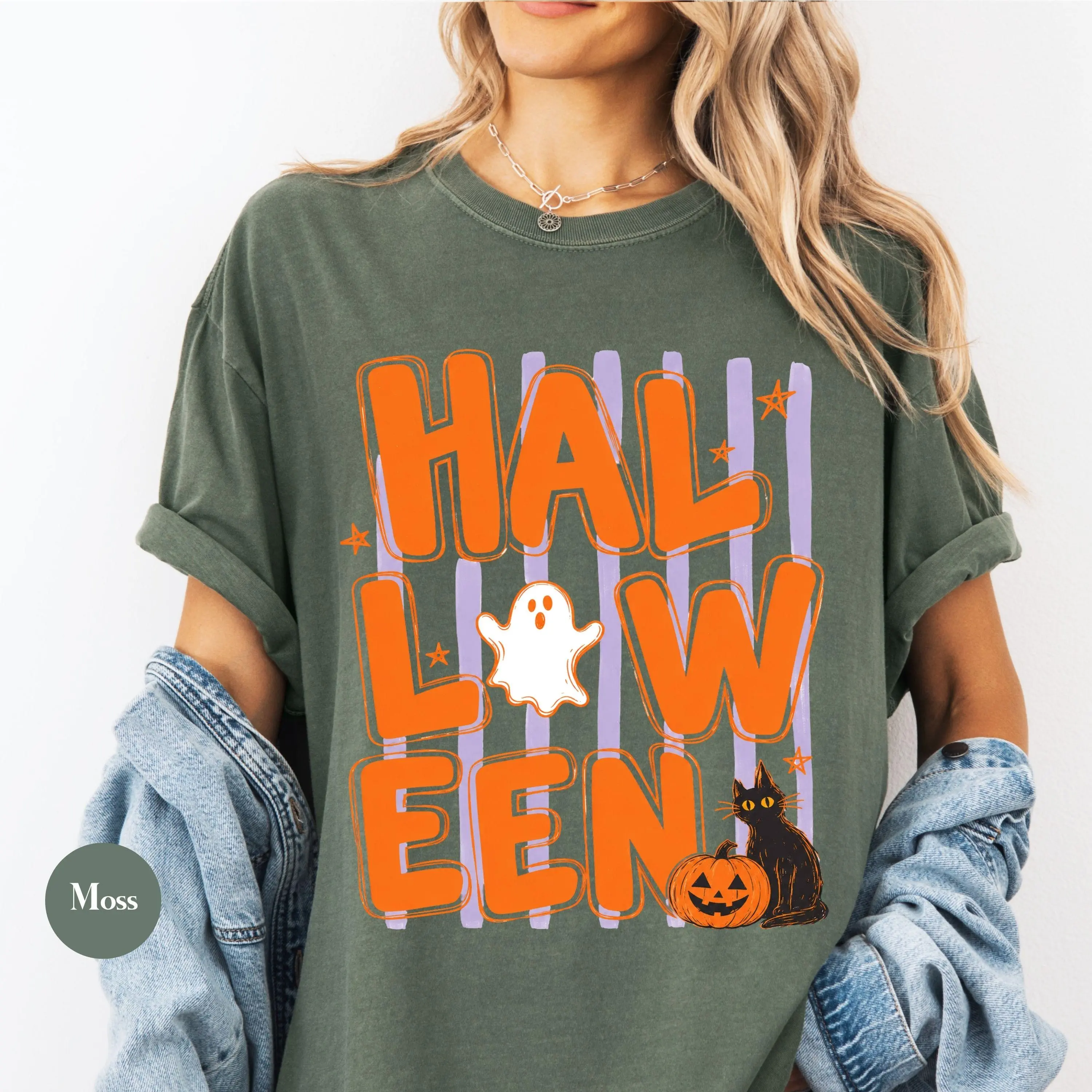 Comfort Colors Retro Halloween Ghost Cat Shirt, Striped Black Cat Trick Or Treat Tee, Spooky Season Top - photo 4
