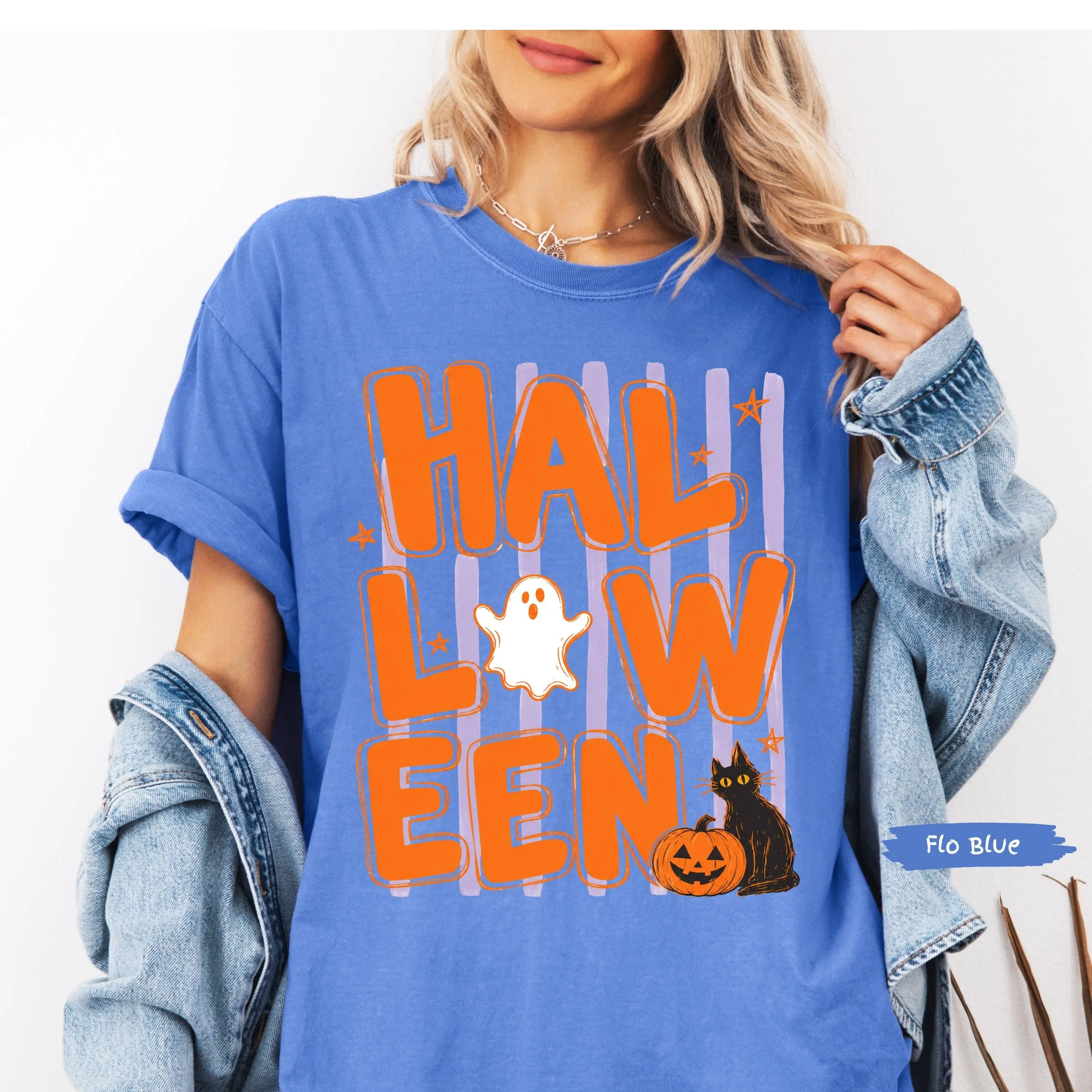 Comfort Colors Retro Halloween Ghost Cat Shirt, Striped Black Cat Trick Or Treat Tee, Spooky Season Top - photo 5