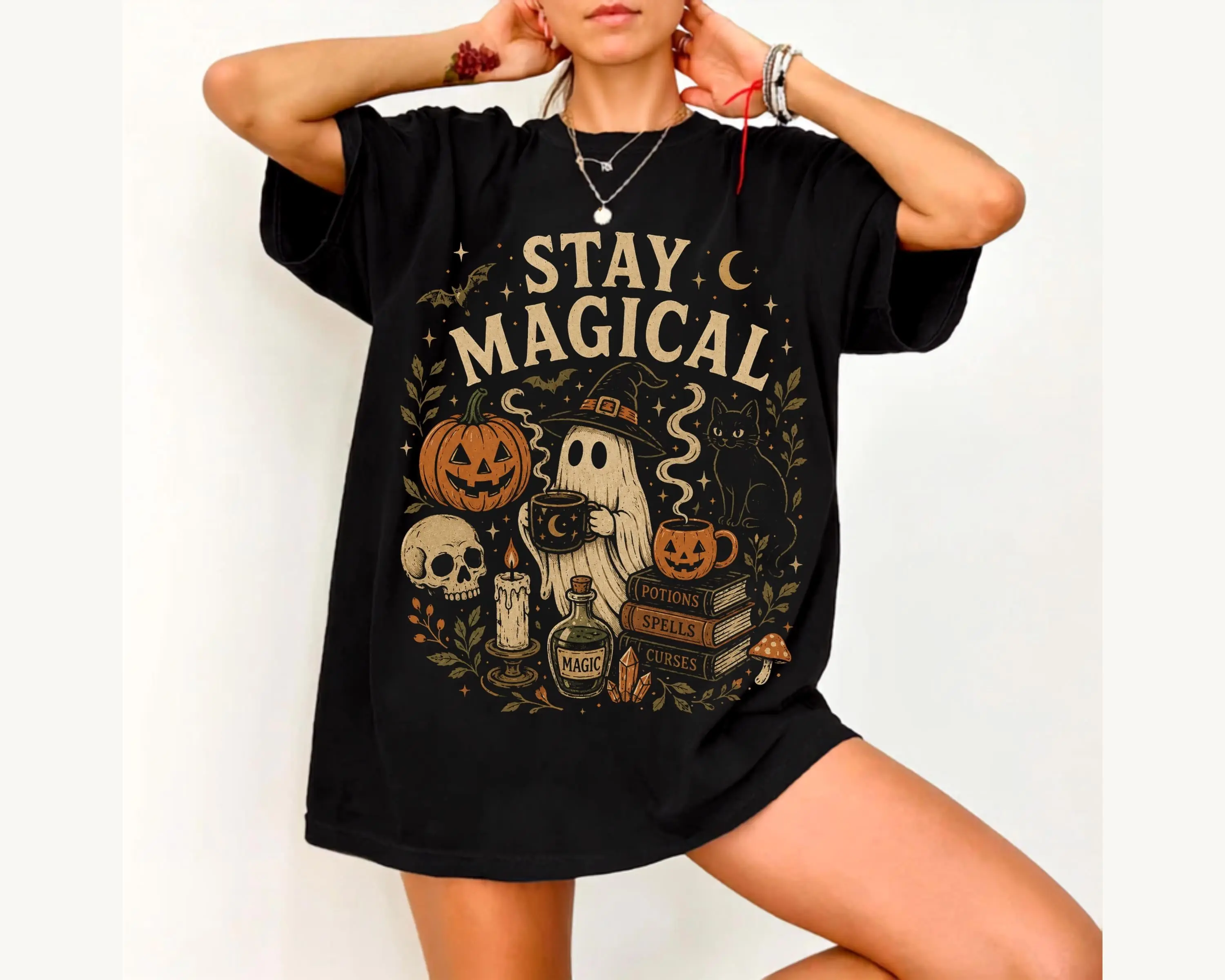 Retro Halloween Ghost Pumpkin T-Shirt, Magical Spooky Season Vintage Fall Costume Cute Boo Graphic Top for Women