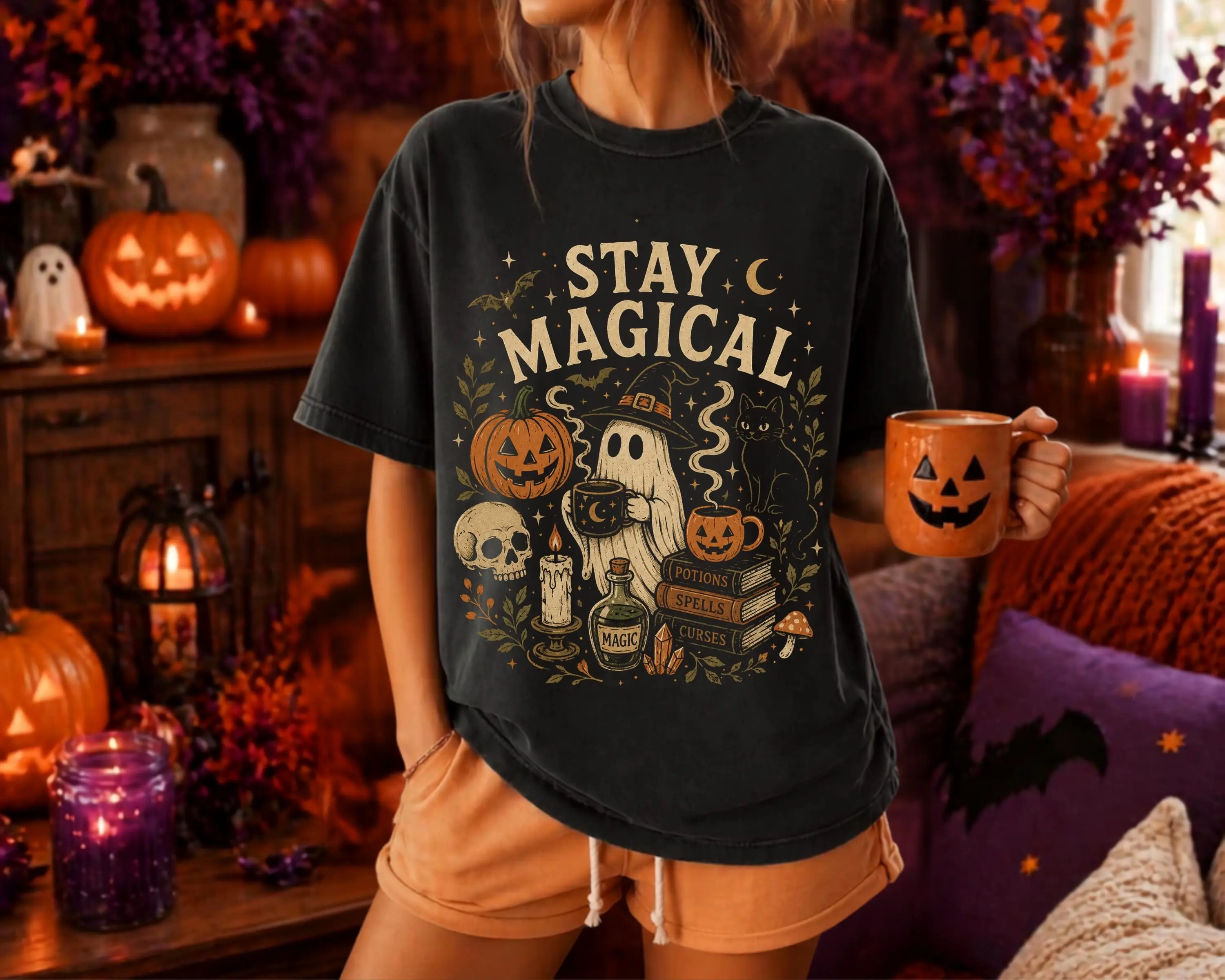 Retro Halloween Ghost Pumpkin T-Shirt, Magical Spooky Season Vintage Fall Costume Cute Boo Graphic Top for Women - photo 2