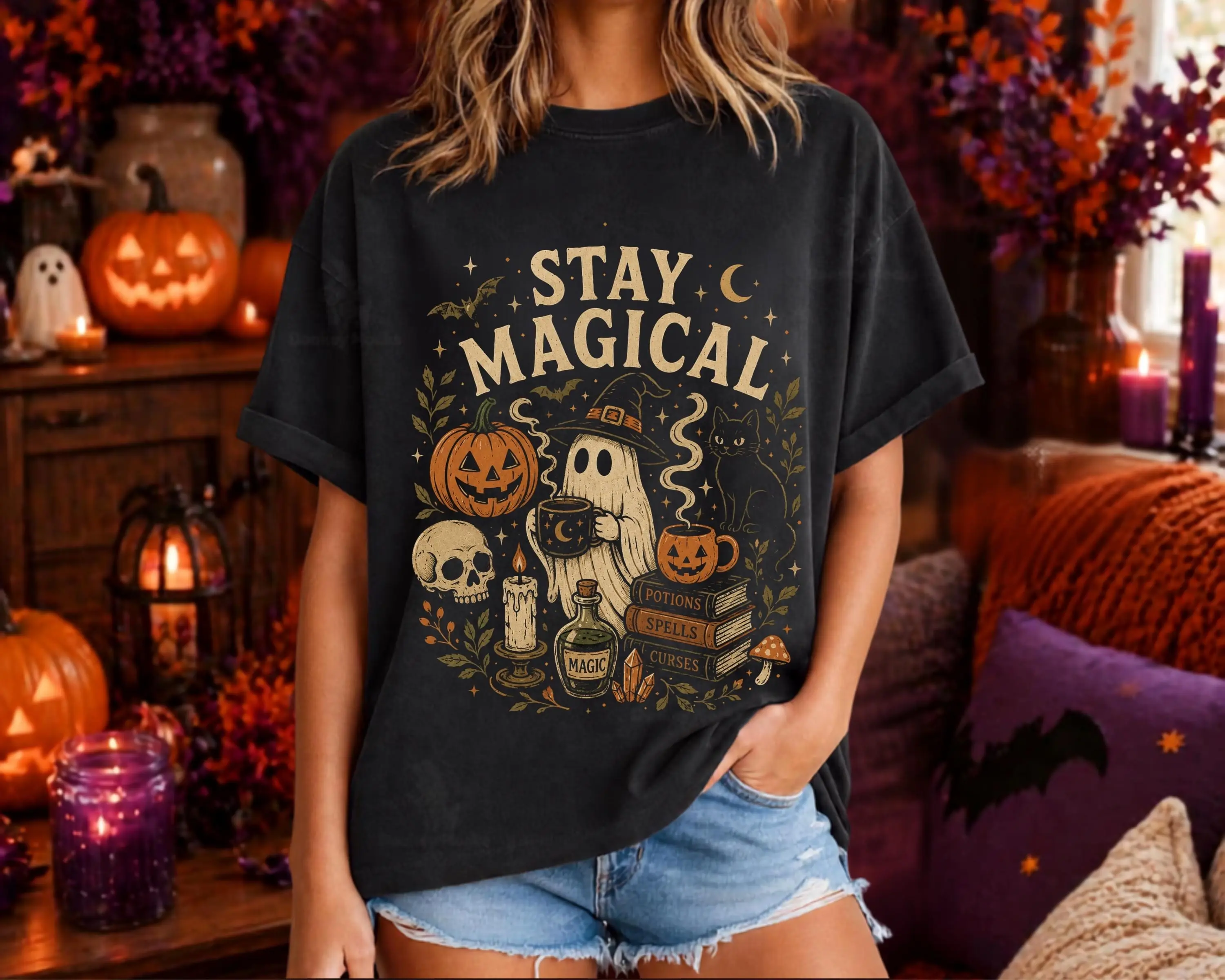 Retro Halloween Ghost Pumpkin T-Shirt, Magical Spooky Season Vintage Fall Costume Cute Boo Graphic Top for Women - photo 3