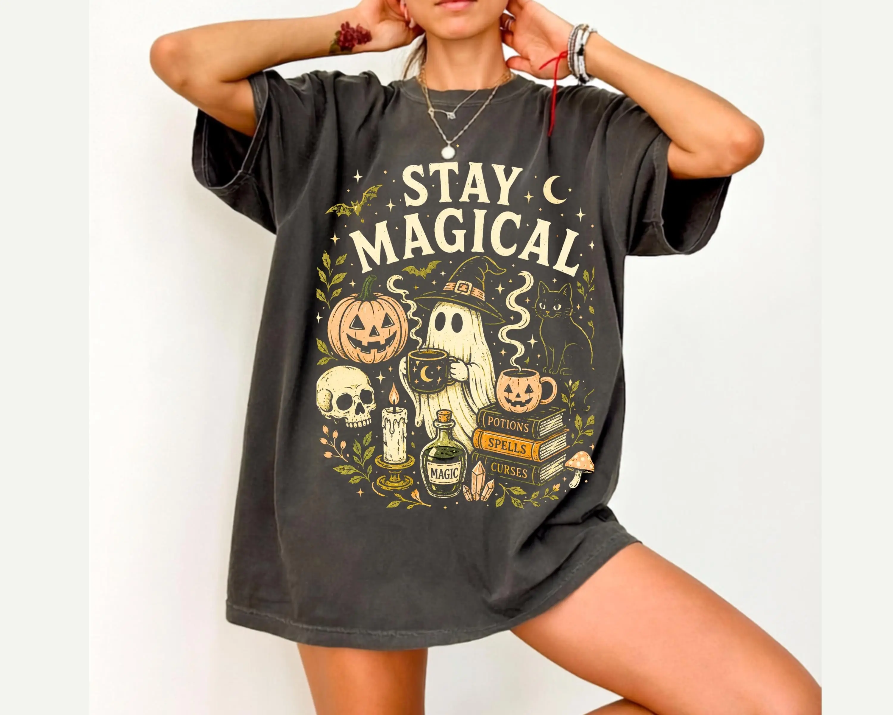 Retro Halloween Ghost Pumpkin T-Shirt, Magical Spooky Season Vintage Fall Costume Cute Boo Graphic Top for Women - photo 5