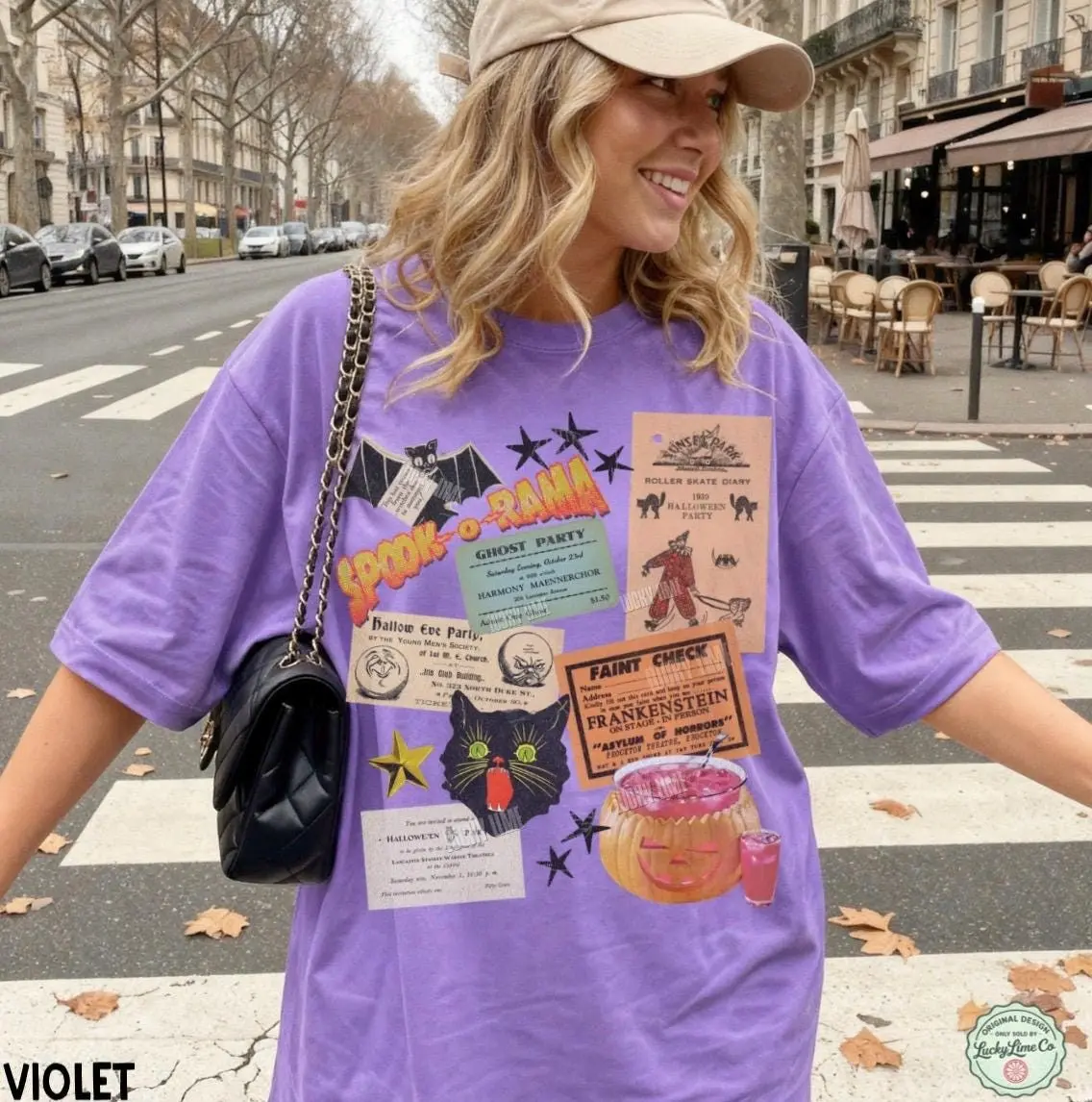 Retro Halloween Shirt, Comfort Colors Vintage Party Ephemera Tee, Spooky Season Cat Bat Graphic Top for Women