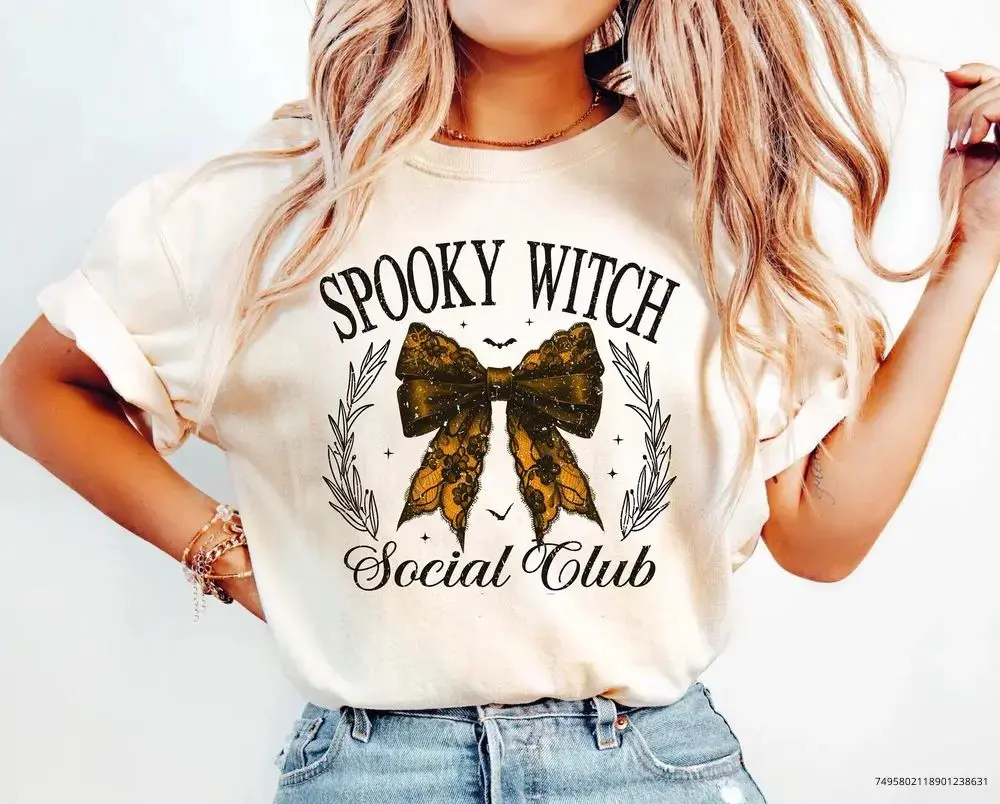 Retro Halloween Shirt for Women, Spooky Witch Social Club Comfort Colors Tee, Vintage Bowtie Graphic Fall Party Top - photo 2