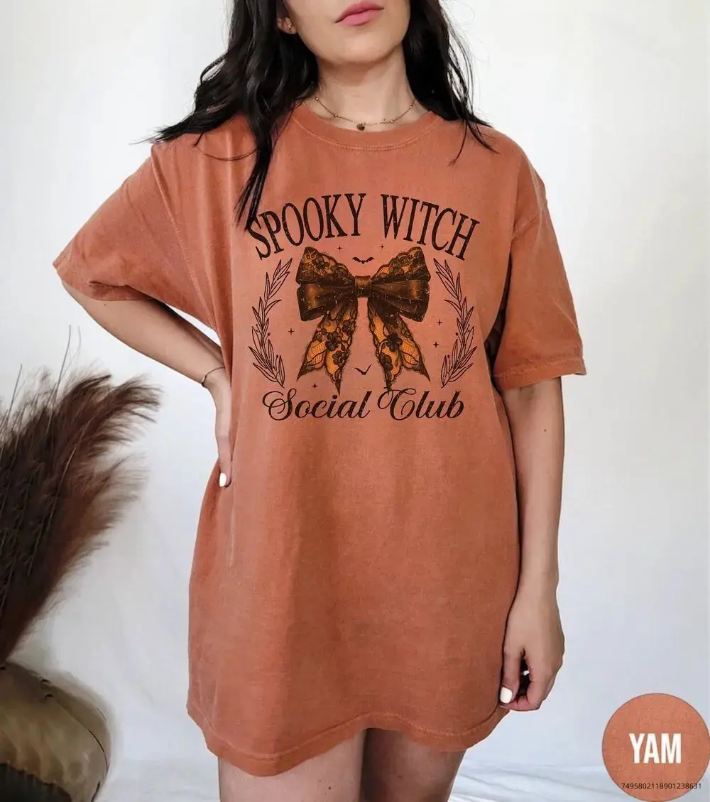 Retro Halloween Shirt for Women, Spooky Witch Social Club Comfort Colors Tee, Vintage Bowtie Graphic Fall Party Top - photo 3