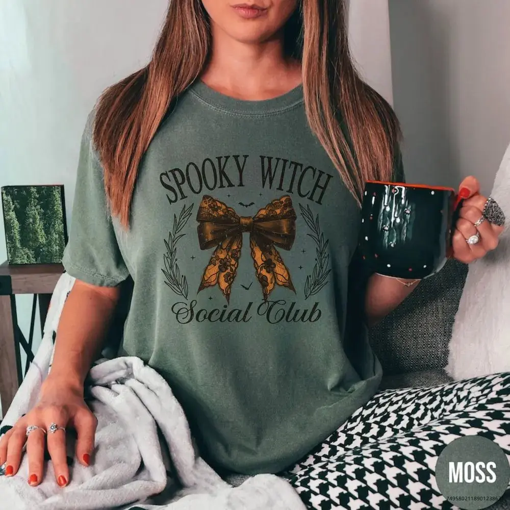 Retro Halloween Shirt for Women, Spooky Witch Social Club Comfort Colors Tee, Vintage Bowtie Graphic Fall Party Top - photo 5