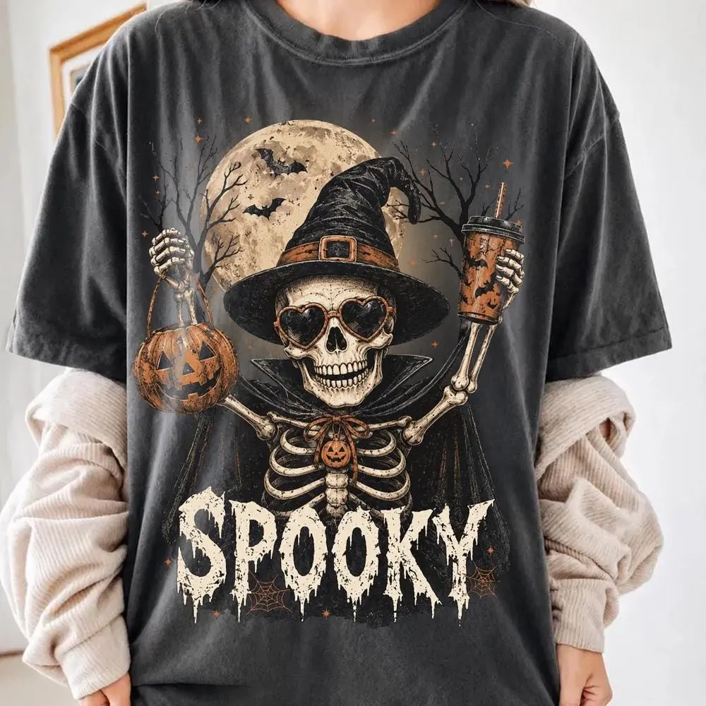 Comfort Colors Here For The Boos Skeleton Shirt, Retro Vintage Witch Hat Halloween Spooky Season Gift