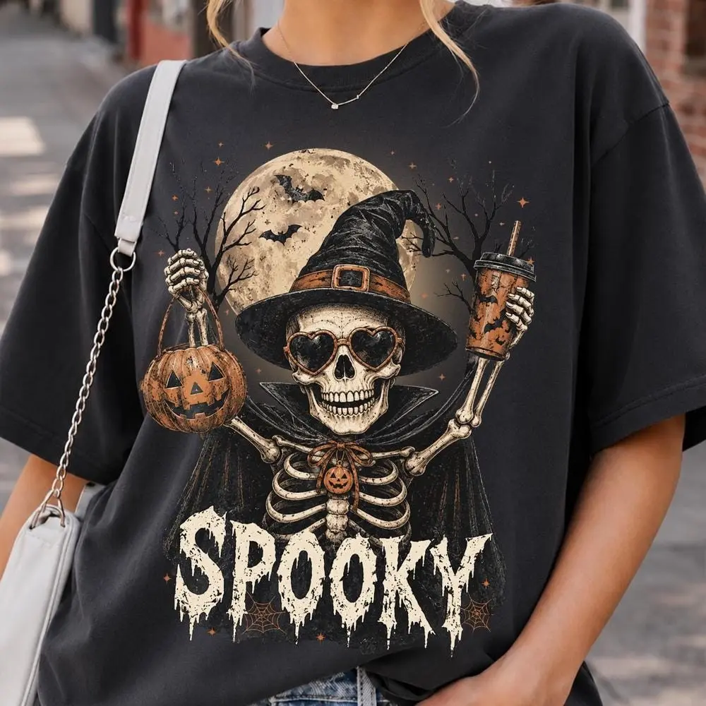 Comfort Colors Here For The Boos Skeleton Shirt, Retro Vintage Witch Hat Halloween Spooky Season Gift - photo 2