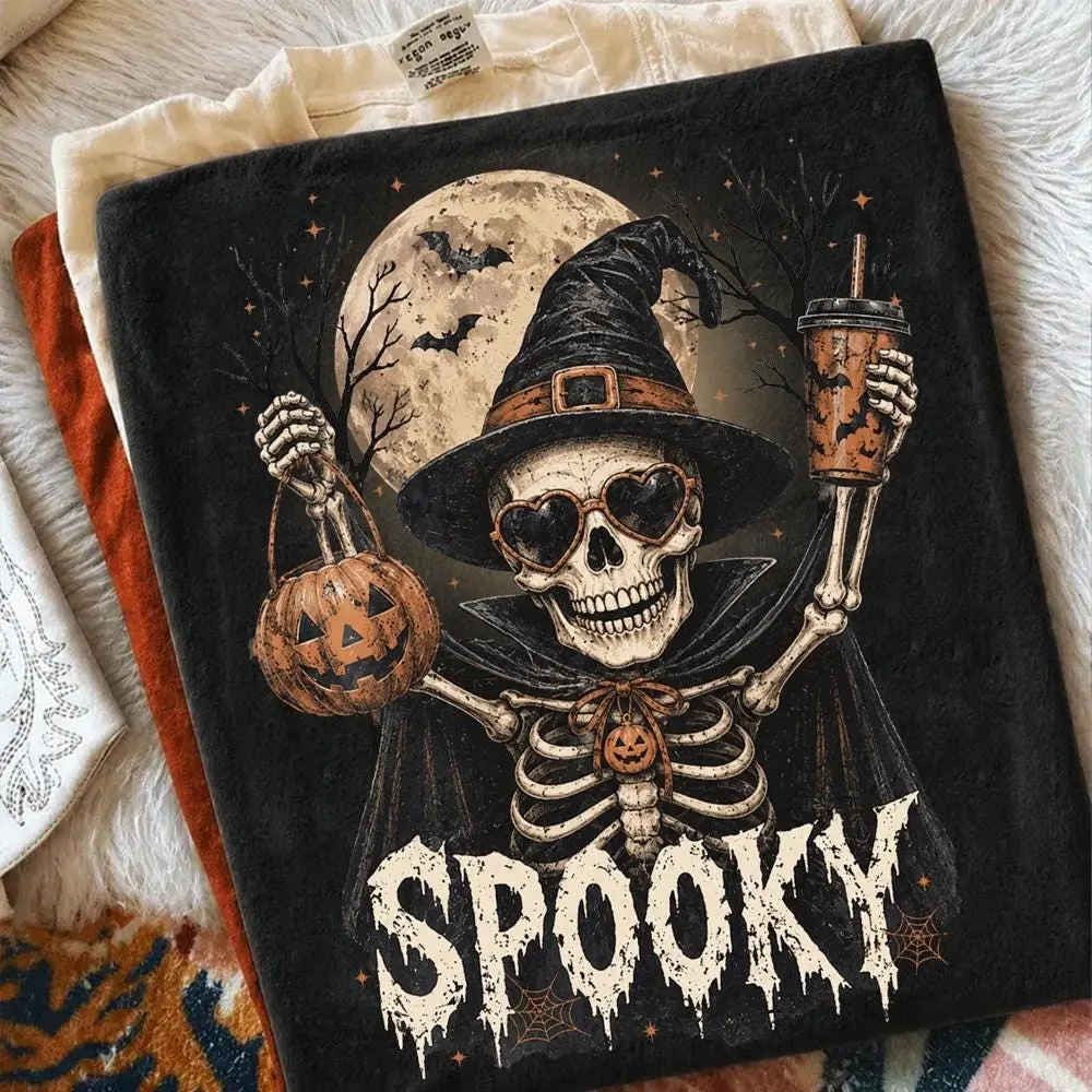 Comfort Colors Here For The Boos Skeleton Shirt, Retro Vintage Witch Hat Halloween Spooky Season Gift - photo 3