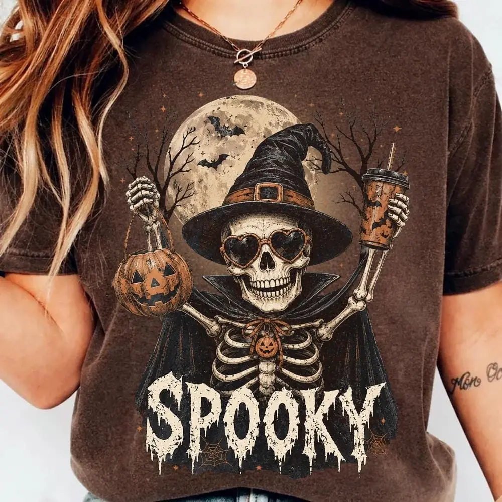 Comfort Colors Here For The Boos Skeleton Shirt, Retro Vintage Witch Hat Halloween Spooky Season Gift - photo 4