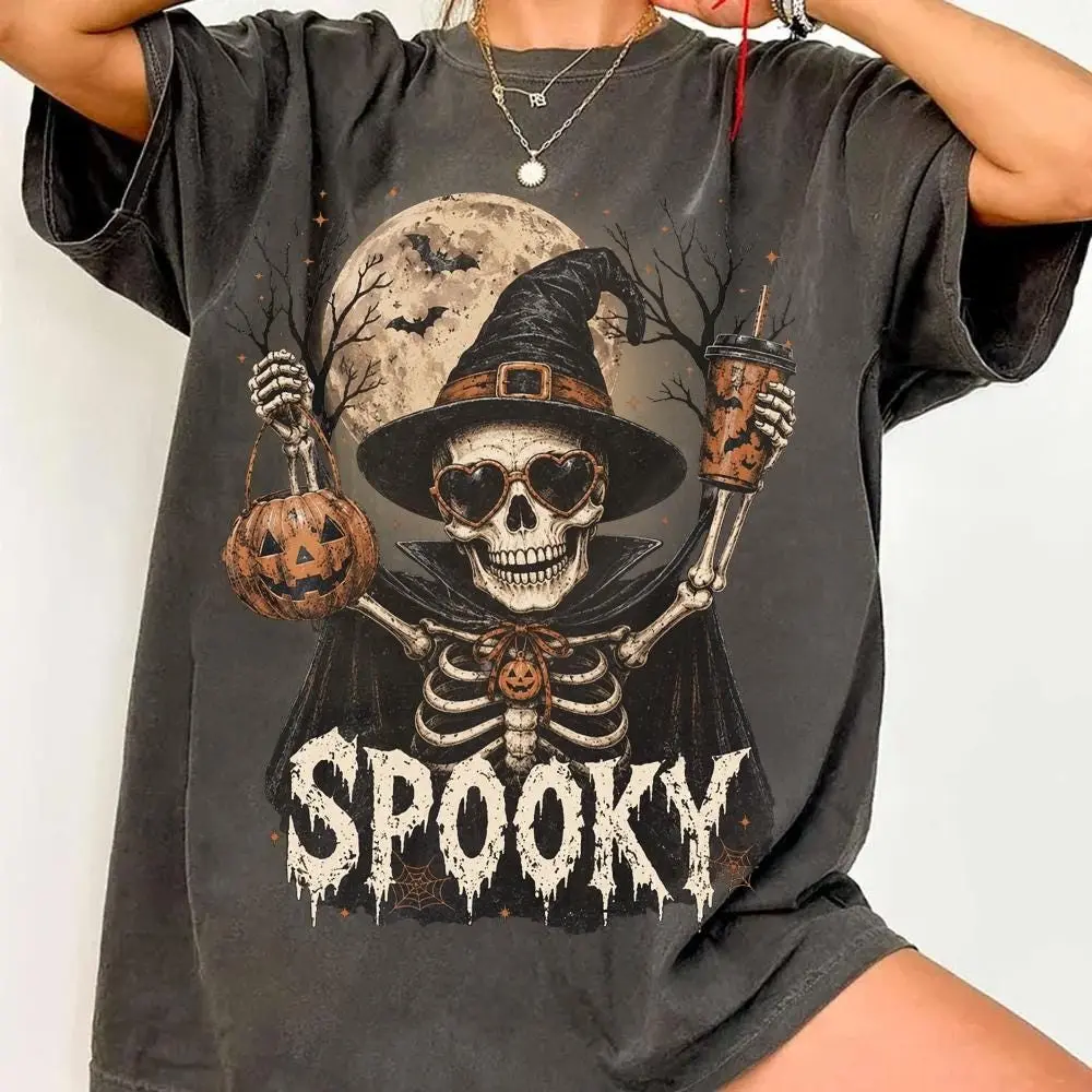 Comfort Colors Here For The Boos Skeleton Shirt, Retro Vintage Witch Hat Halloween Spooky Season Gift - photo 5