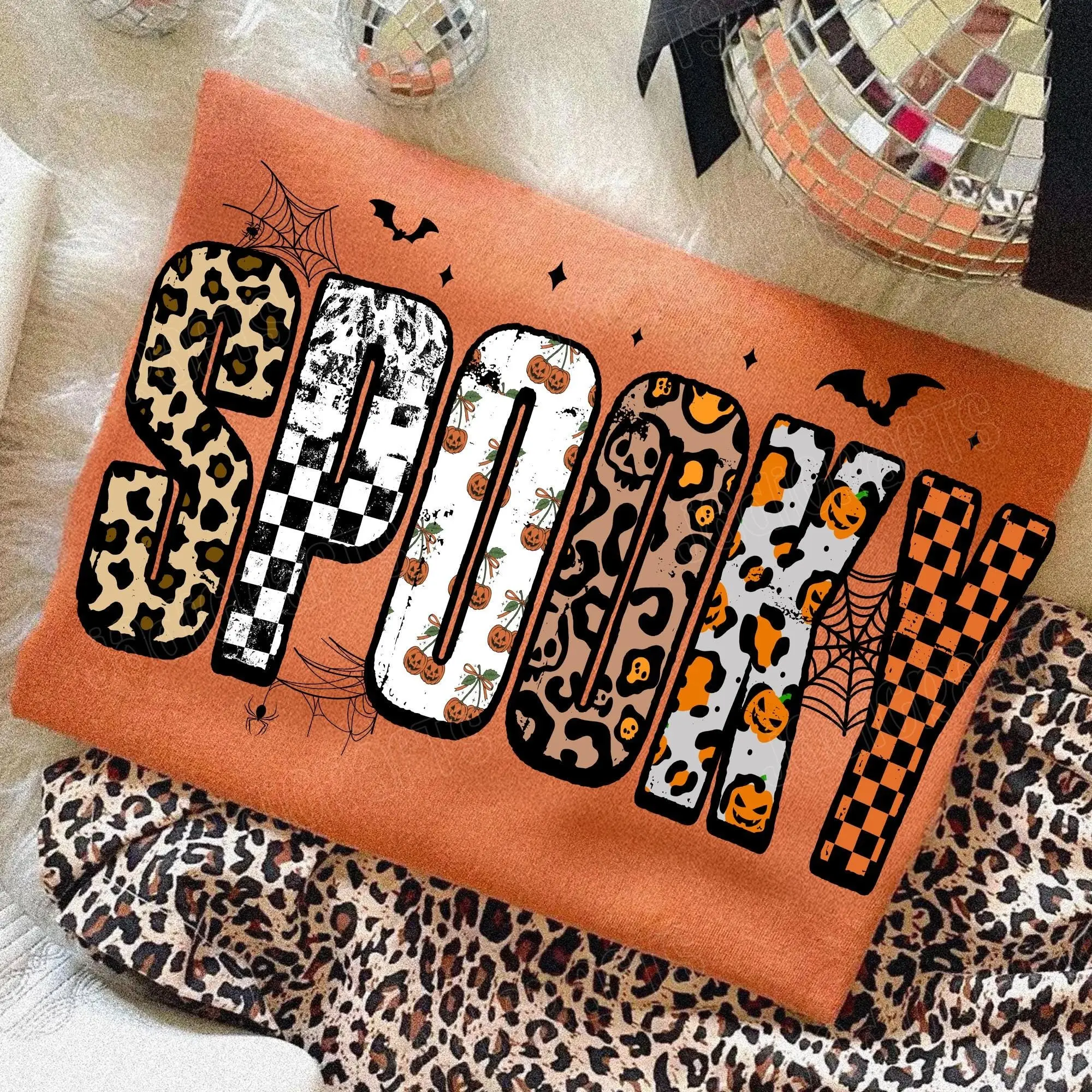 Retro Halloween Spooky Pullover Sweatshirt for Women, Leopard Checkered Fall Crewneck, Personalized Girly Design