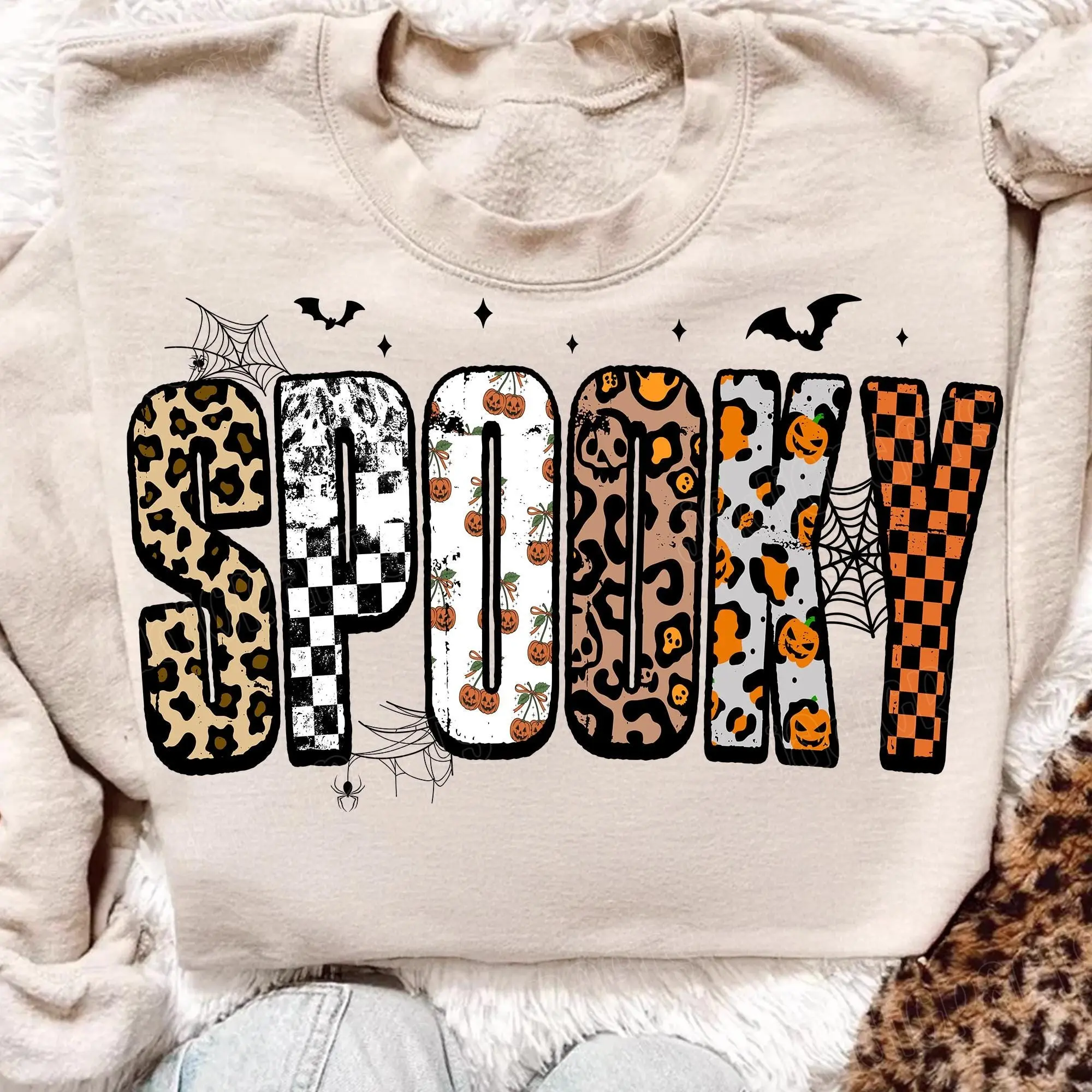 Retro Halloween Spooky Pullover Sweatshirt for Women, Leopard Checkered Fall Crewneck, Personalized Girly Design - photo 2