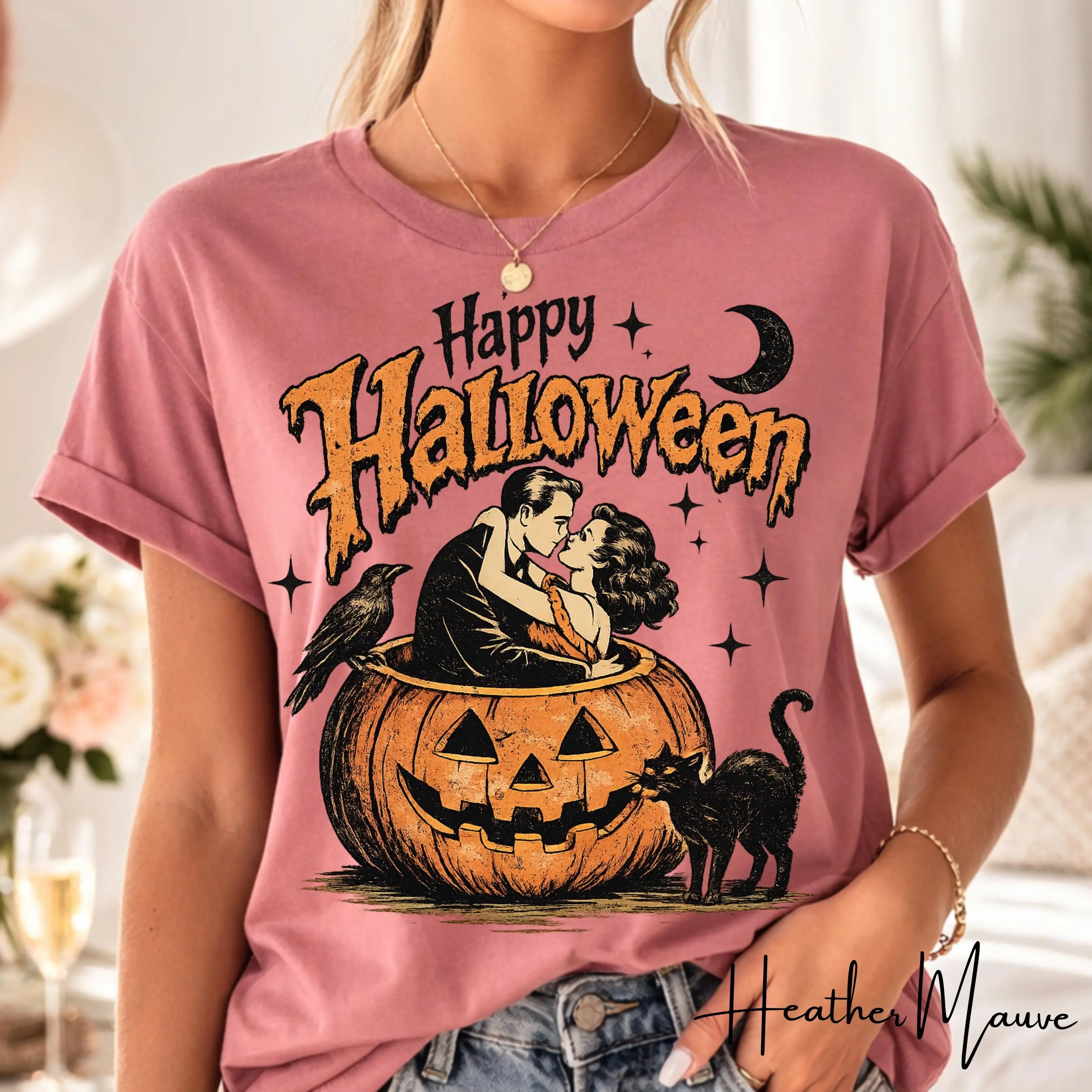 Bella Canvas 3001 Retro Happy Halloween Shirt, Vintage Pumpkin Graphic Tee, Cute Spooky Season Fall Womens Gift