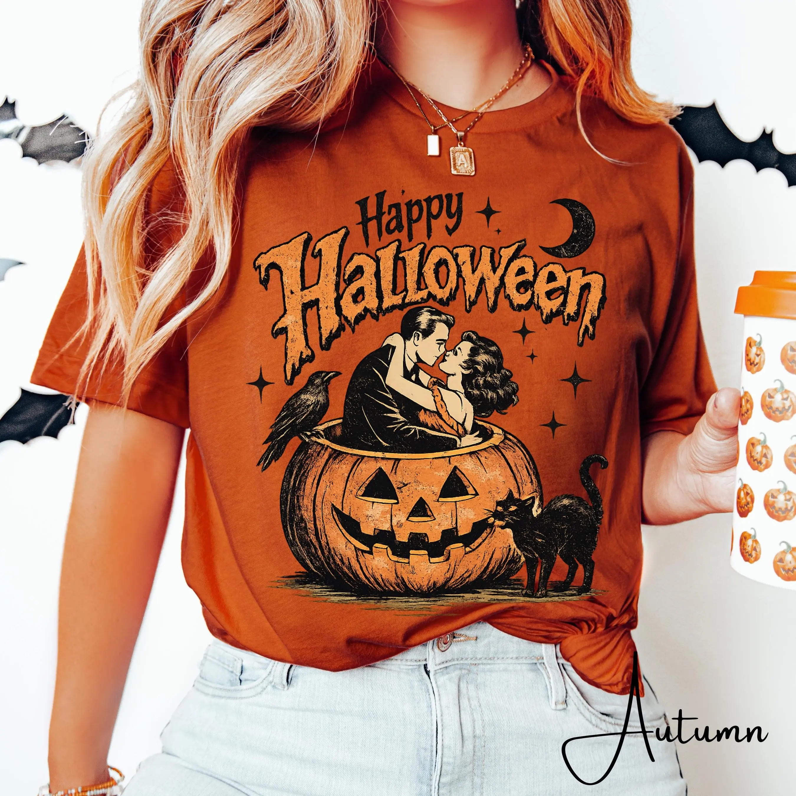 Bella Canvas 3001 Retro Happy Halloween Shirt, Vintage Pumpkin Graphic Tee, Cute Spooky Season Fall Womens Gift - photo 2