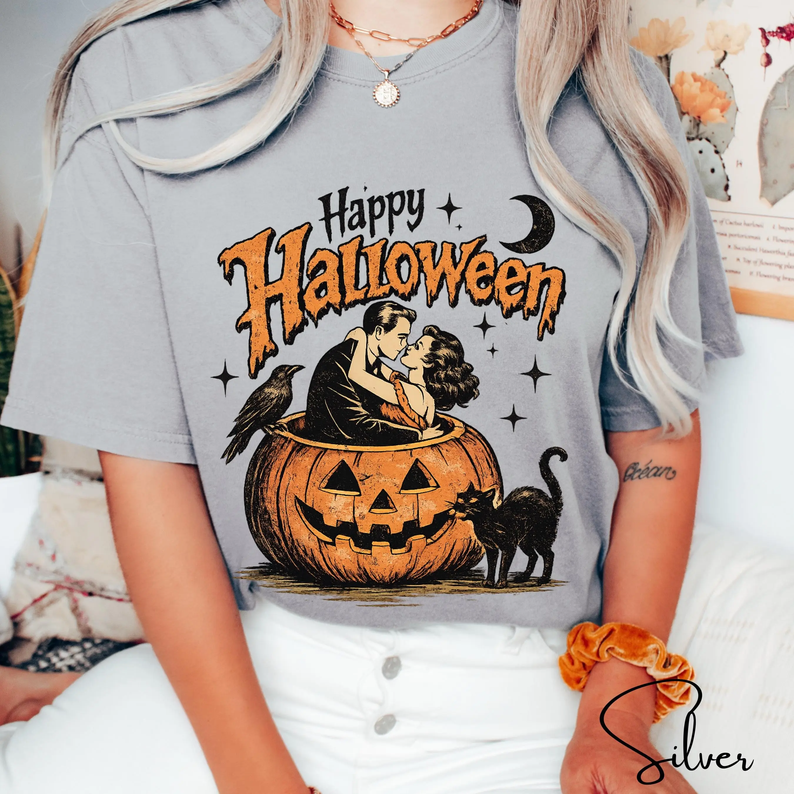 Bella Canvas 3001 Retro Happy Halloween Shirt, Vintage Pumpkin Graphic Tee, Cute Spooky Season Fall Womens Gift - photo 4