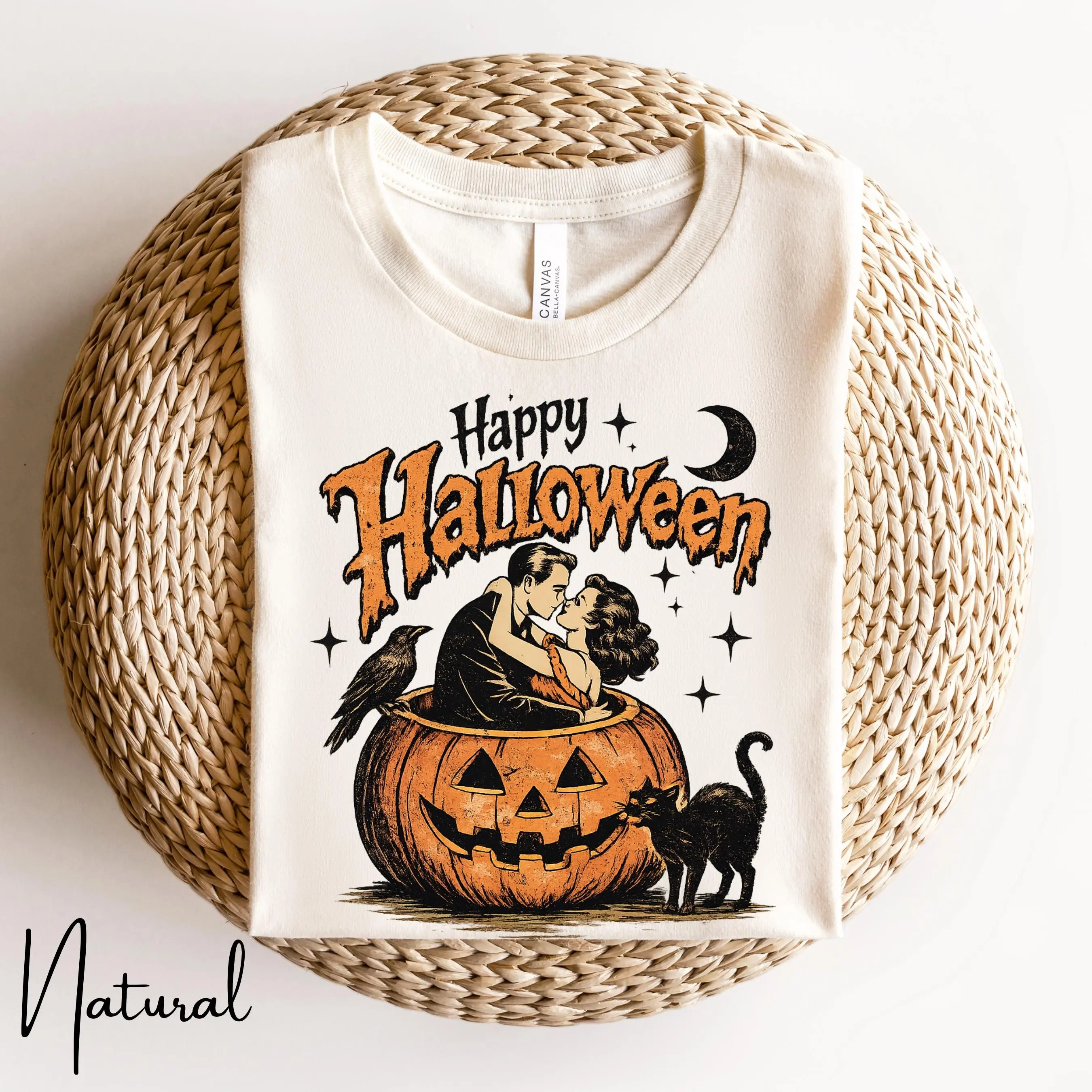 Bella Canvas 3001 Retro Happy Halloween Shirt, Vintage Pumpkin Graphic Tee, Cute Spooky Season Fall Womens Gift - photo 5