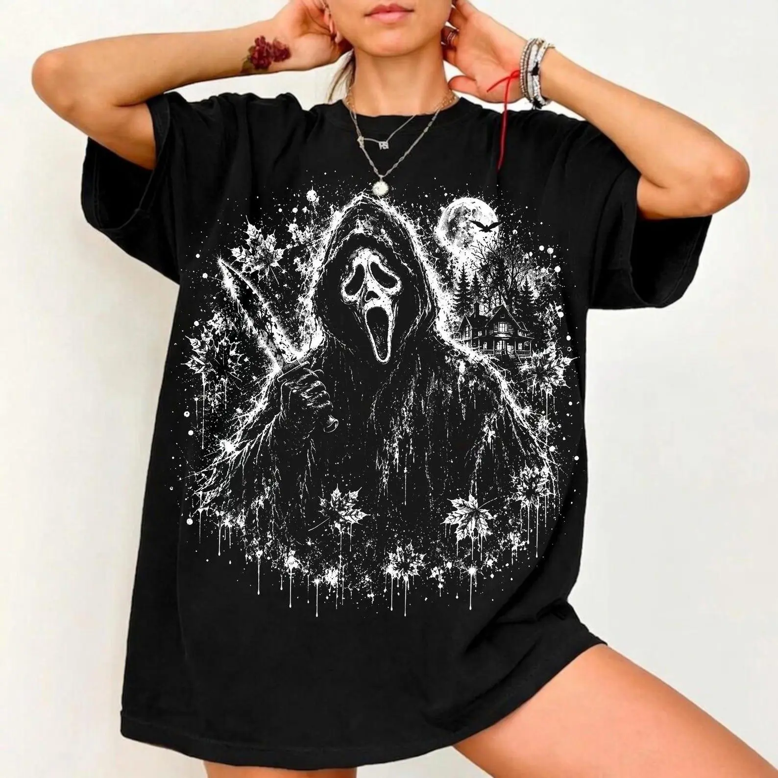 Retro Horror Graphic T-Shirt, Vintage Classic Halloween Lover Gift, Spooky Fall Tee - photo 5