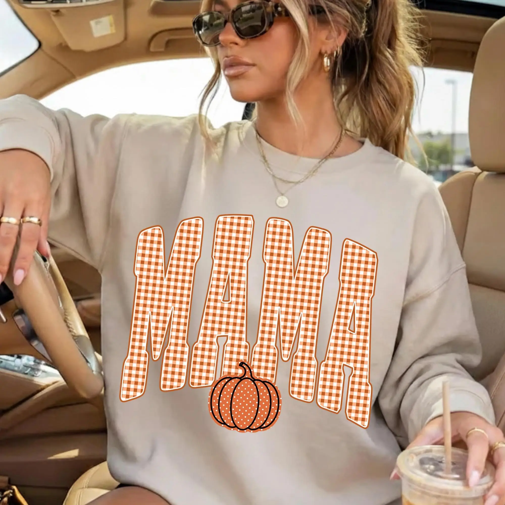 Retro Mama Pumpkin Shirt, Trendy Fall Gingham Graphic T-Shirt for Women - photo 2