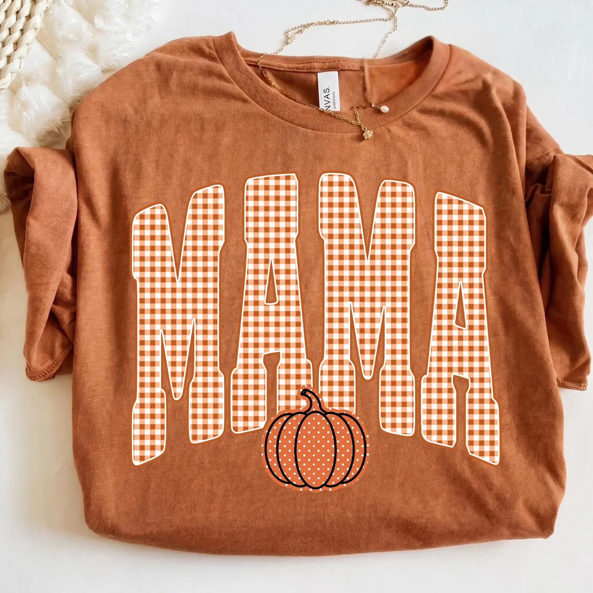 Retro Mama Pumpkin Shirt, Trendy Fall Gingham Graphic T-Shirt for Women - photo 3