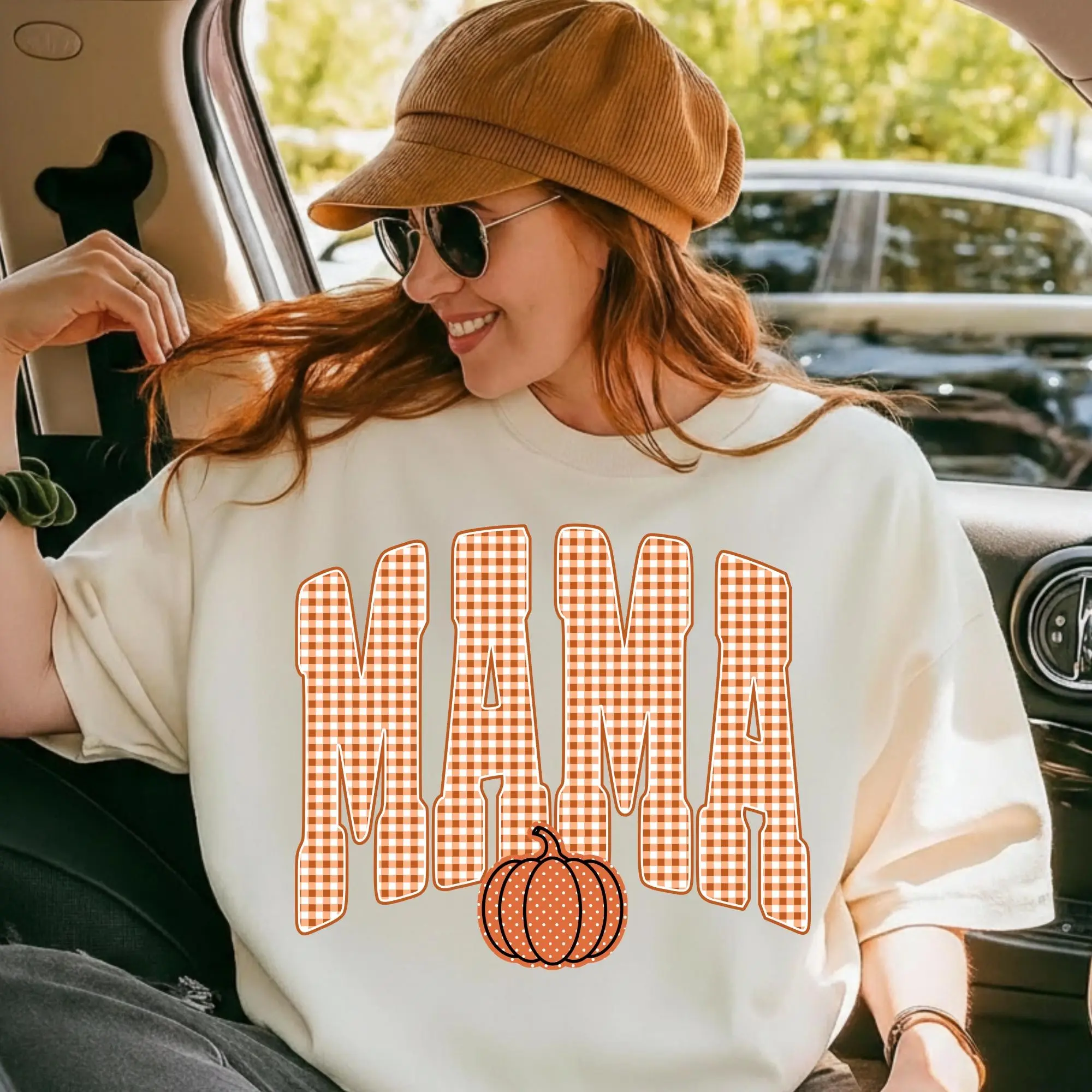 Retro Mama Pumpkin Shirt, Trendy Fall Gingham Graphic T-Shirt for Women - photo 4