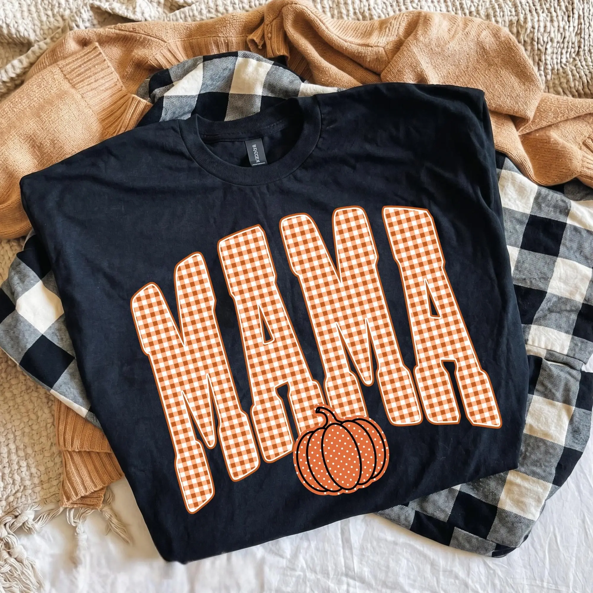 Retro Mama Pumpkin Shirt, Trendy Fall Gingham Graphic T-Shirt for Women - photo 5
