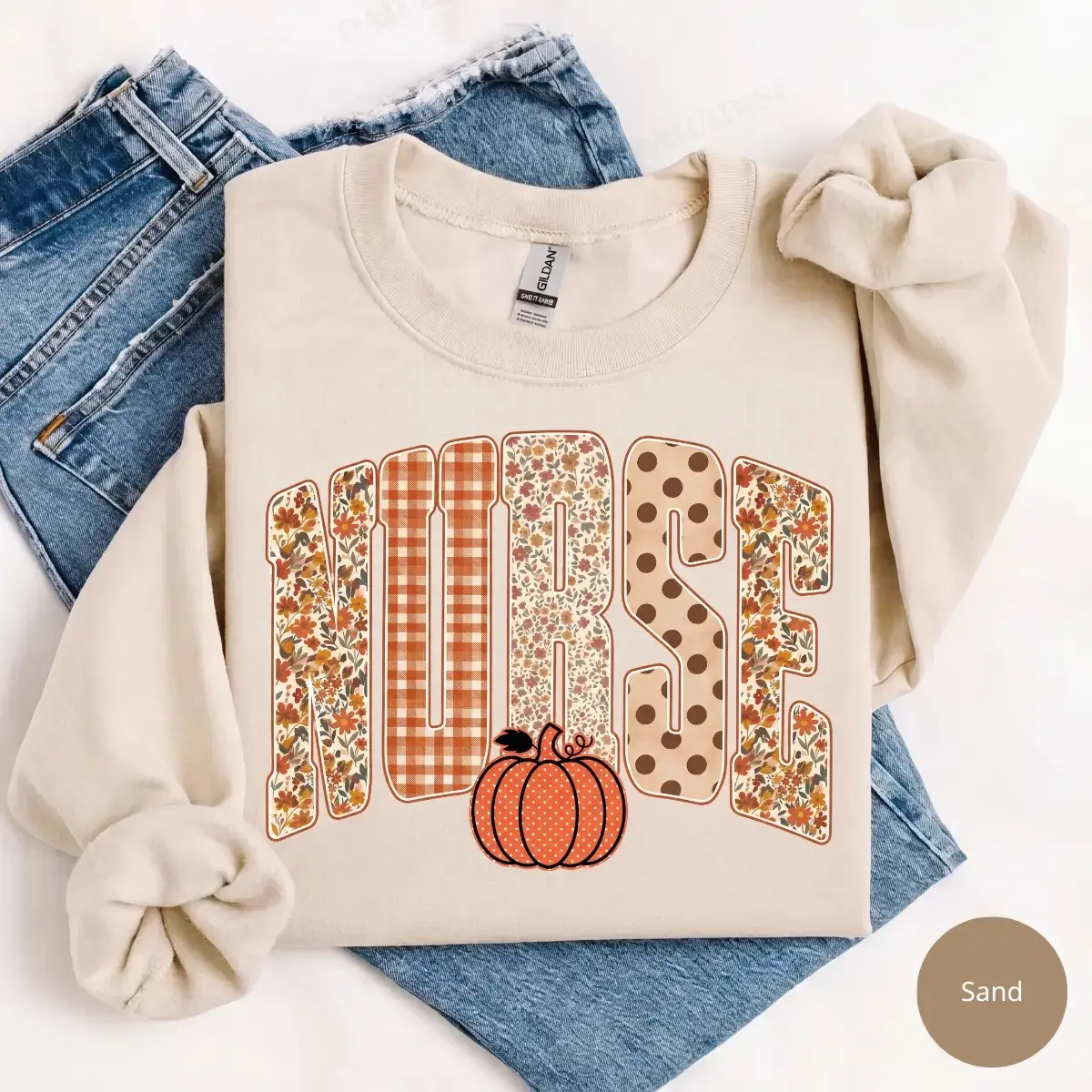 Retro Nurse Pumpkin Sweatshirt, Distressed Gingham Fall Autumn Thanksgiving Graphic Top, Cute Gift - photo 2