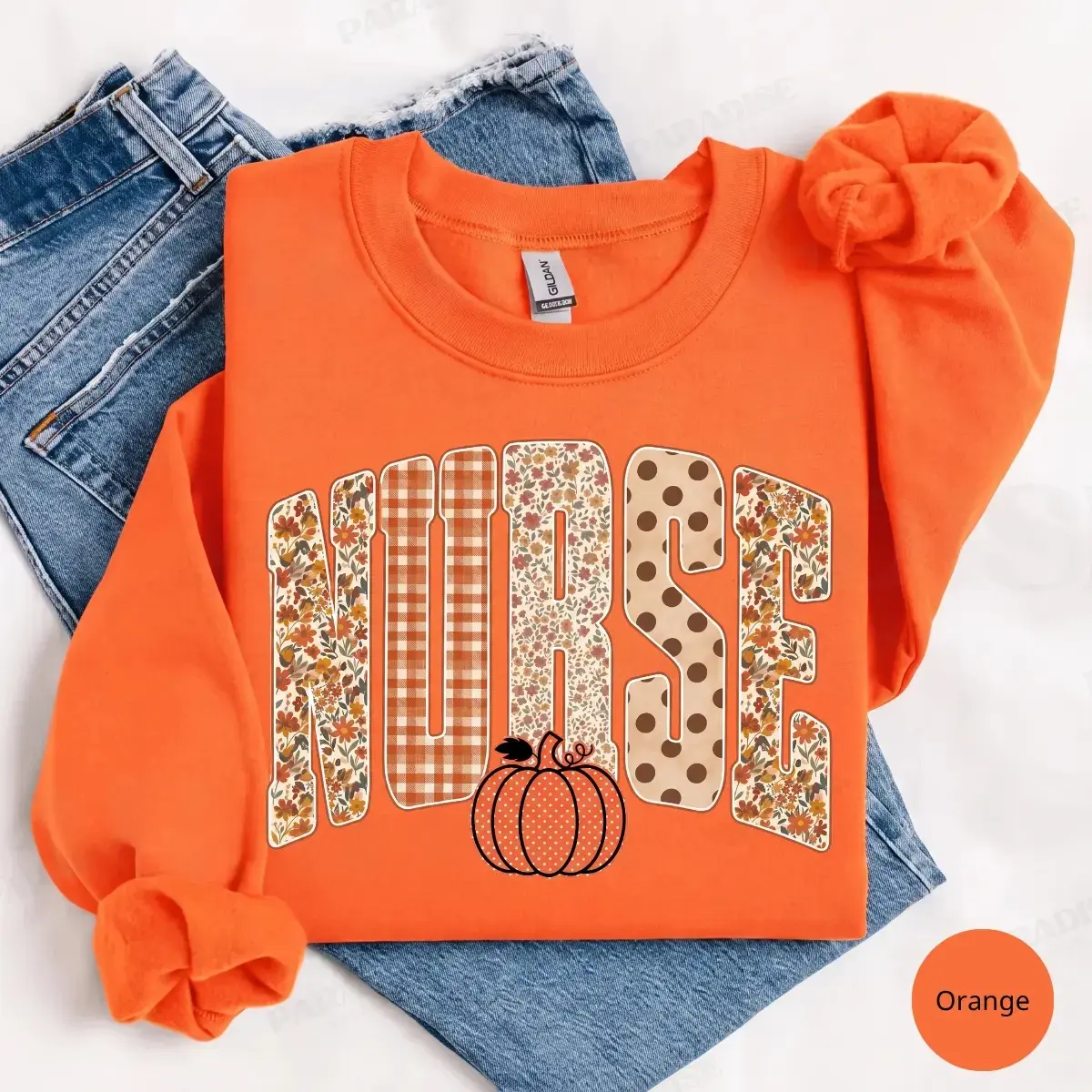 Retro Nurse Pumpkin Sweatshirt, Distressed Gingham Fall Autumn Thanksgiving Graphic Top, Cute Gift - photo 3