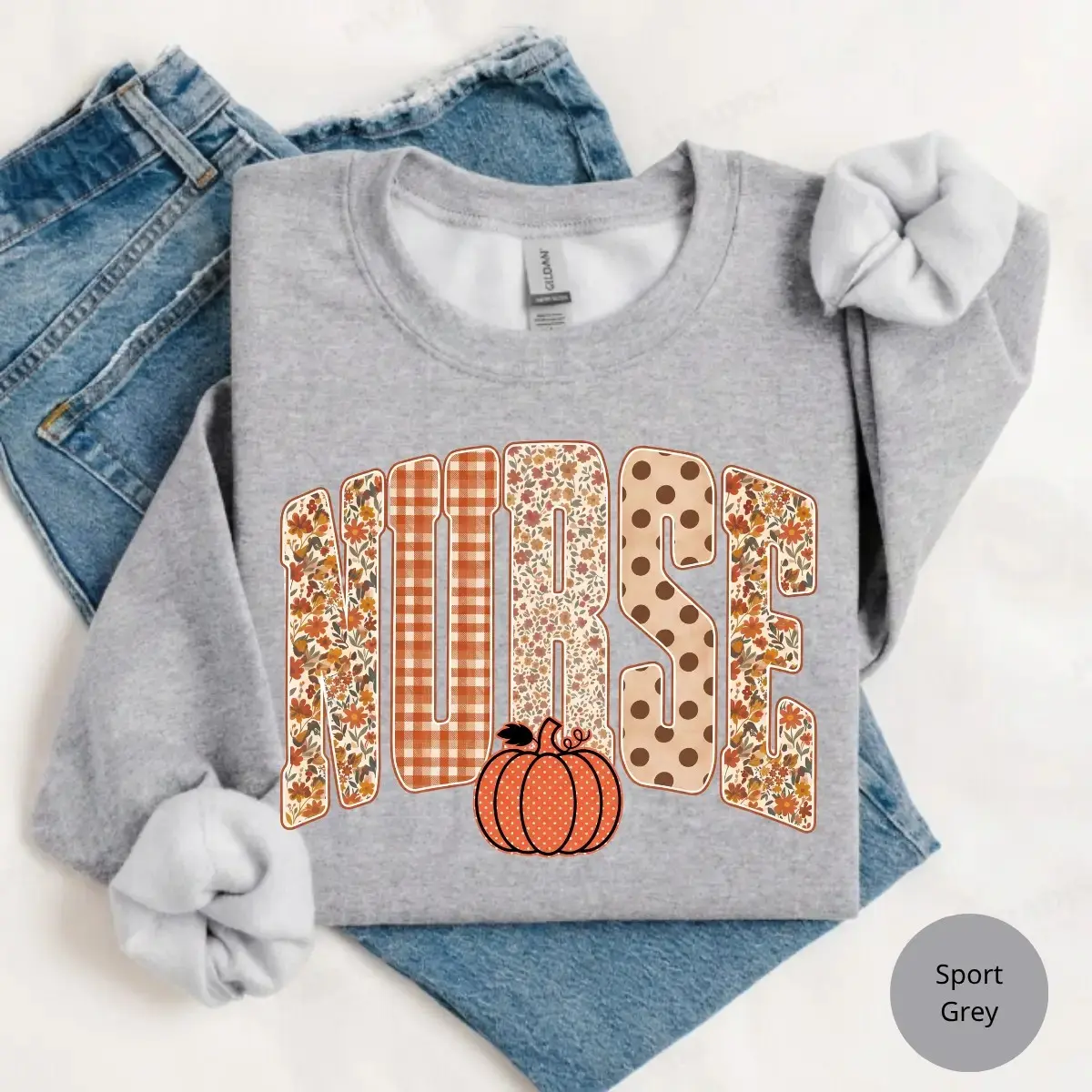 Retro Nurse Pumpkin Sweatshirt, Distressed Gingham Fall Autumn Thanksgiving Graphic Top, Cute Gift - photo 4