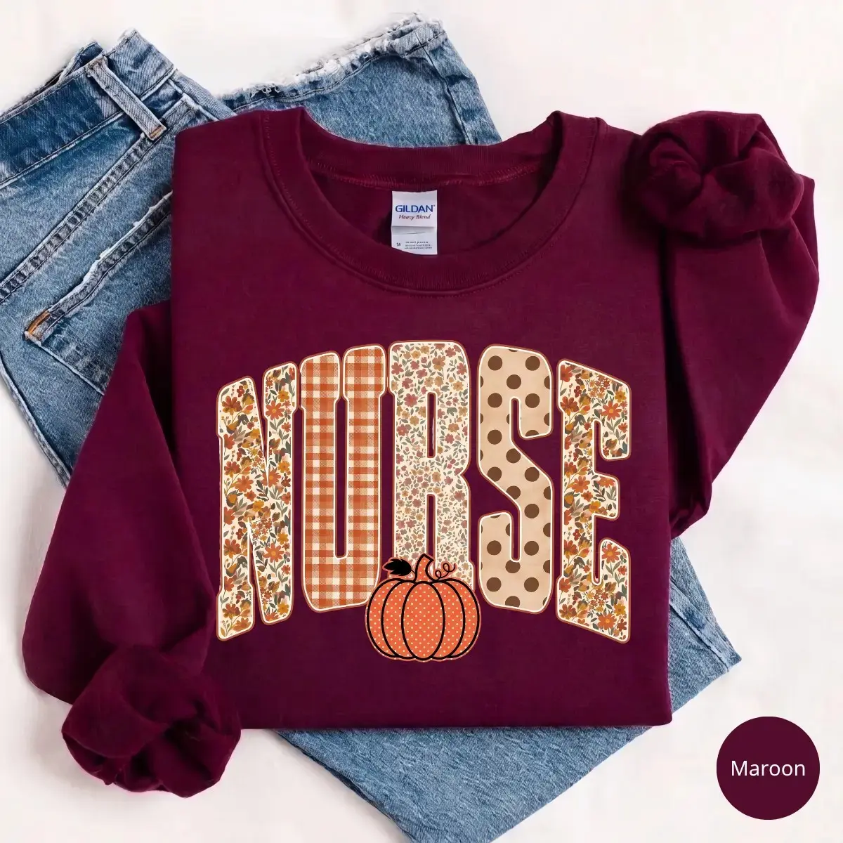 Retro Nurse Pumpkin Sweatshirt, Distressed Gingham Fall Autumn Thanksgiving Graphic Top, Cute Gift - photo 5