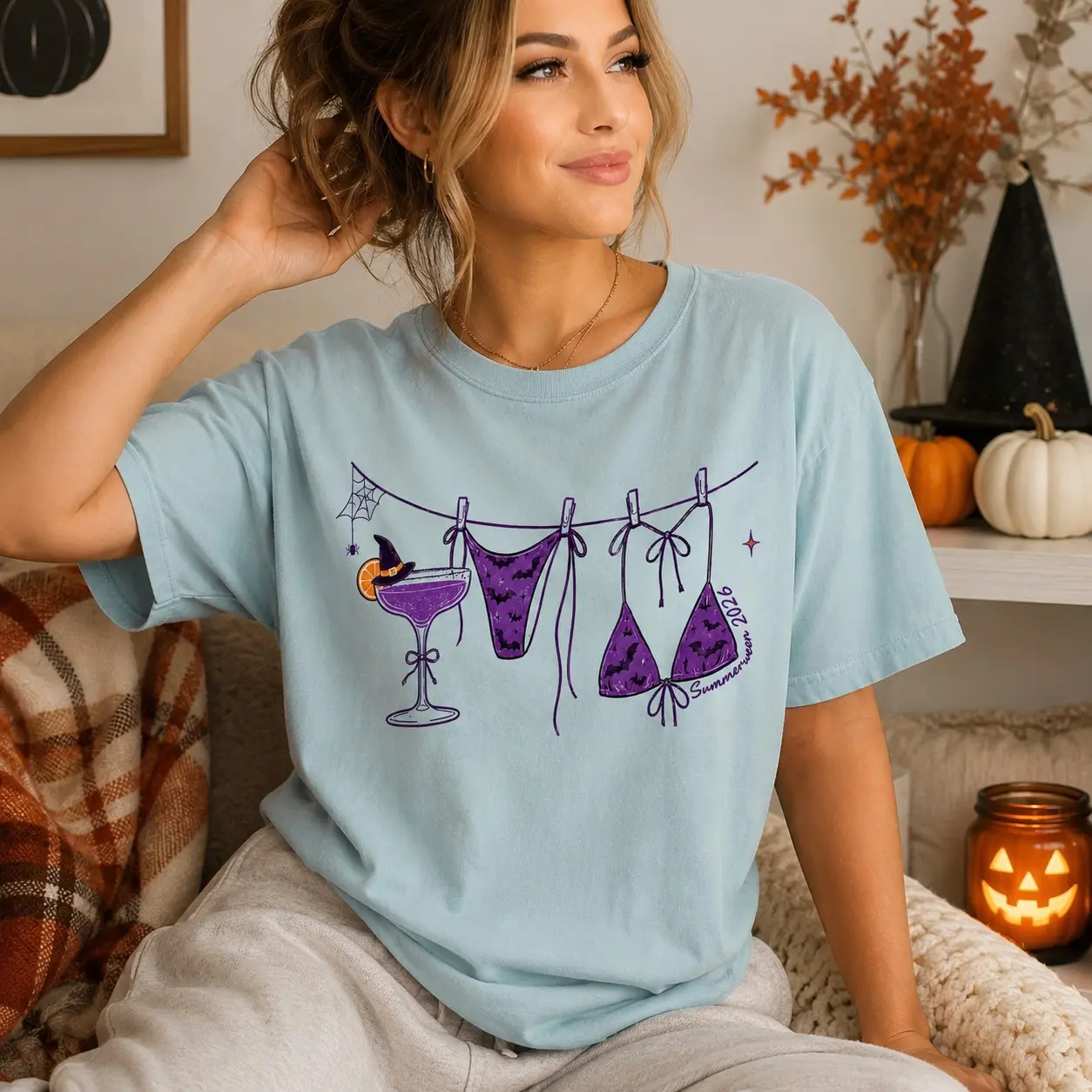Comfort Colors Retro Preppy Summerween Bikini Shirt, Funny Summer Halloween Graphic Tee - photo 1