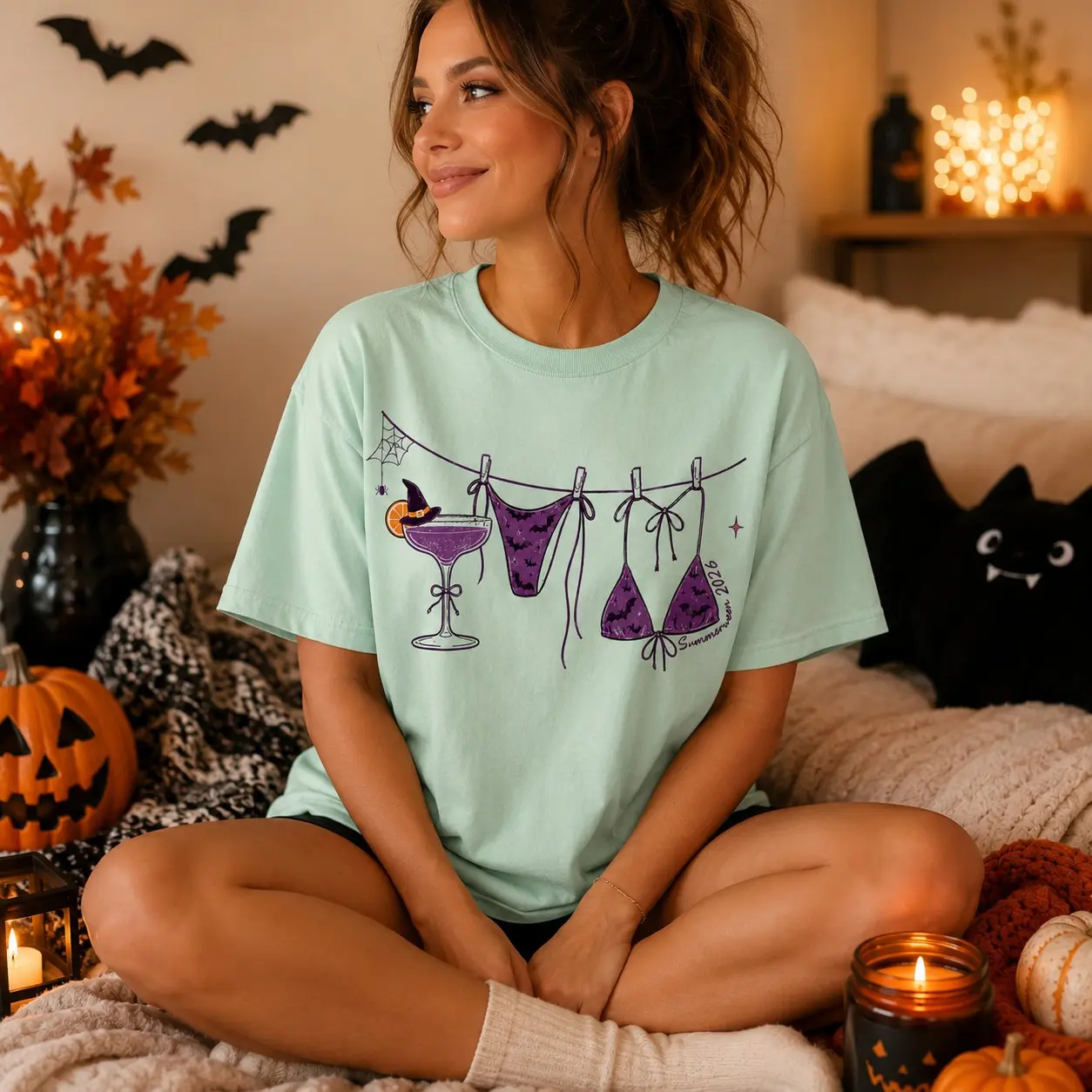 Comfort Colors Retro Preppy Summerween Bikini Shirt, Funny Summer Halloween Graphic Tee - photo 2