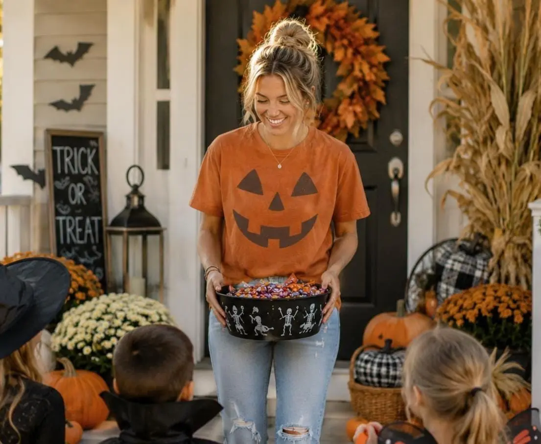 Retro Pumpkin Face Shirt, Jack O Lantern Halloween Graphic Tee - photo 3