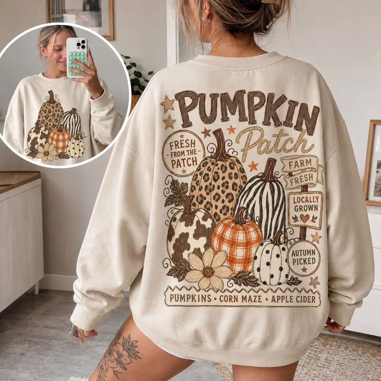 Retro Pumpkin Patch Hoodie, Leopard Autumn Double Sided Print Pullover, Trendy Vintage Farm Fresh Fall Design - photo 2