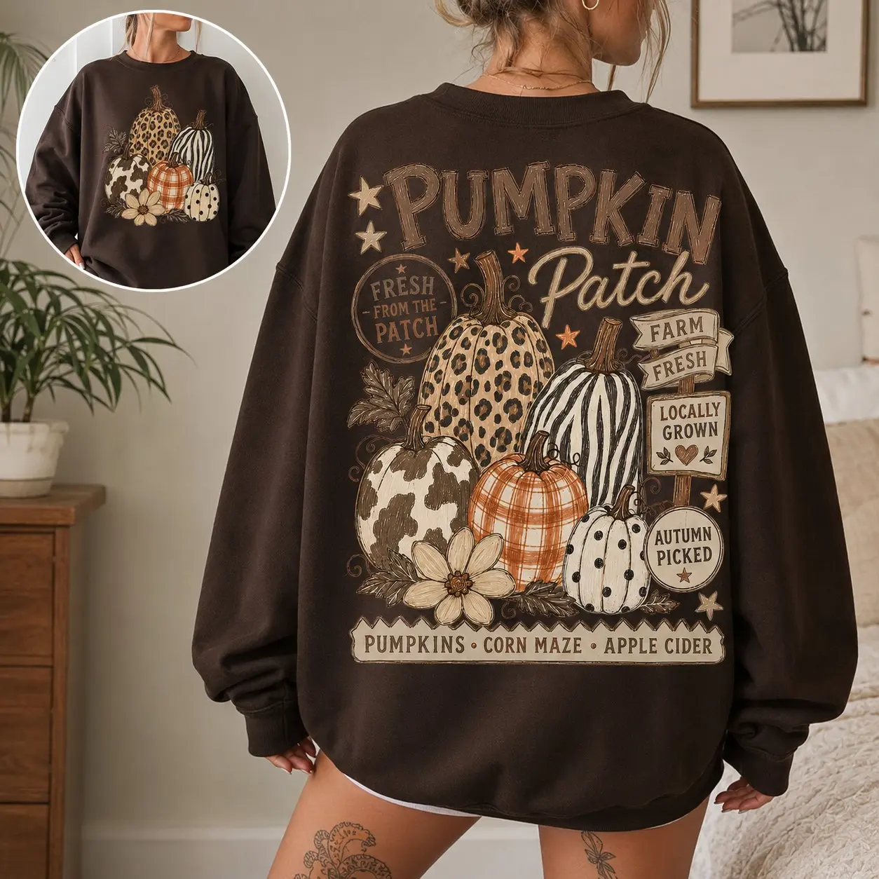 Retro Pumpkin Patch Hoodie, Leopard Autumn Double Sided Print Pullover, Trendy Vintage Farm Fresh Fall Design - photo 3