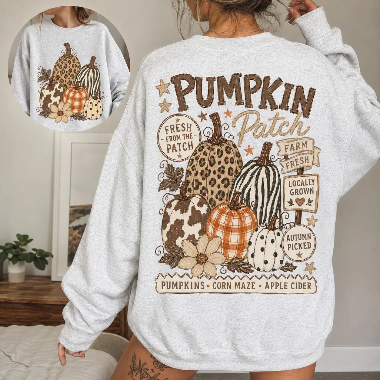 Retro Pumpkin Patch Sweatshirt, Leopard Autumn Double Sided Print Crewneck, Trendy Vintage Farm Fresh Fall Design