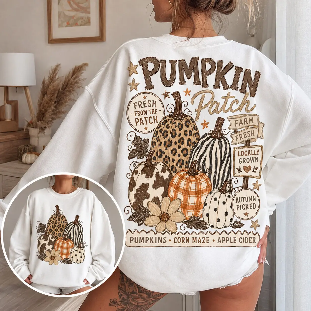 Retro Pumpkin Patch Sweatshirt, Leopard Autumn Double Sided Print Crewneck, Trendy Vintage Farm Fresh Fall Design - photo 4