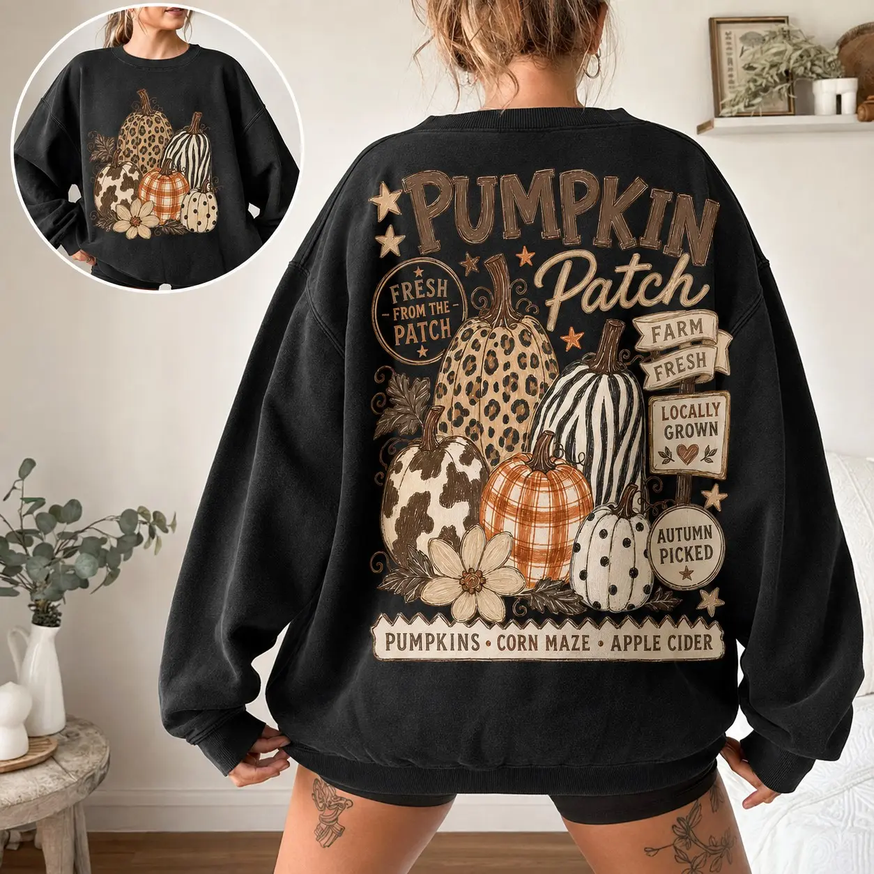 Retro Pumpkin Patch Sweatshirt, Leopard Autumn Double Sided Print Crewneck, Trendy Vintage Farm Fresh Fall Design - photo 5